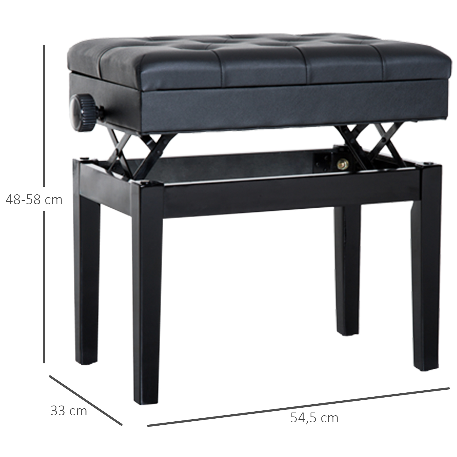 Klavierbank Höhenverstellbar Sitzbank mit Stauraum, Holzbeine, Klavierhocker aus Kunstleder, für Musikzimmer, belastbar bis 200 kg, 54,5 x 33 x 48-58 cm, Schwarz