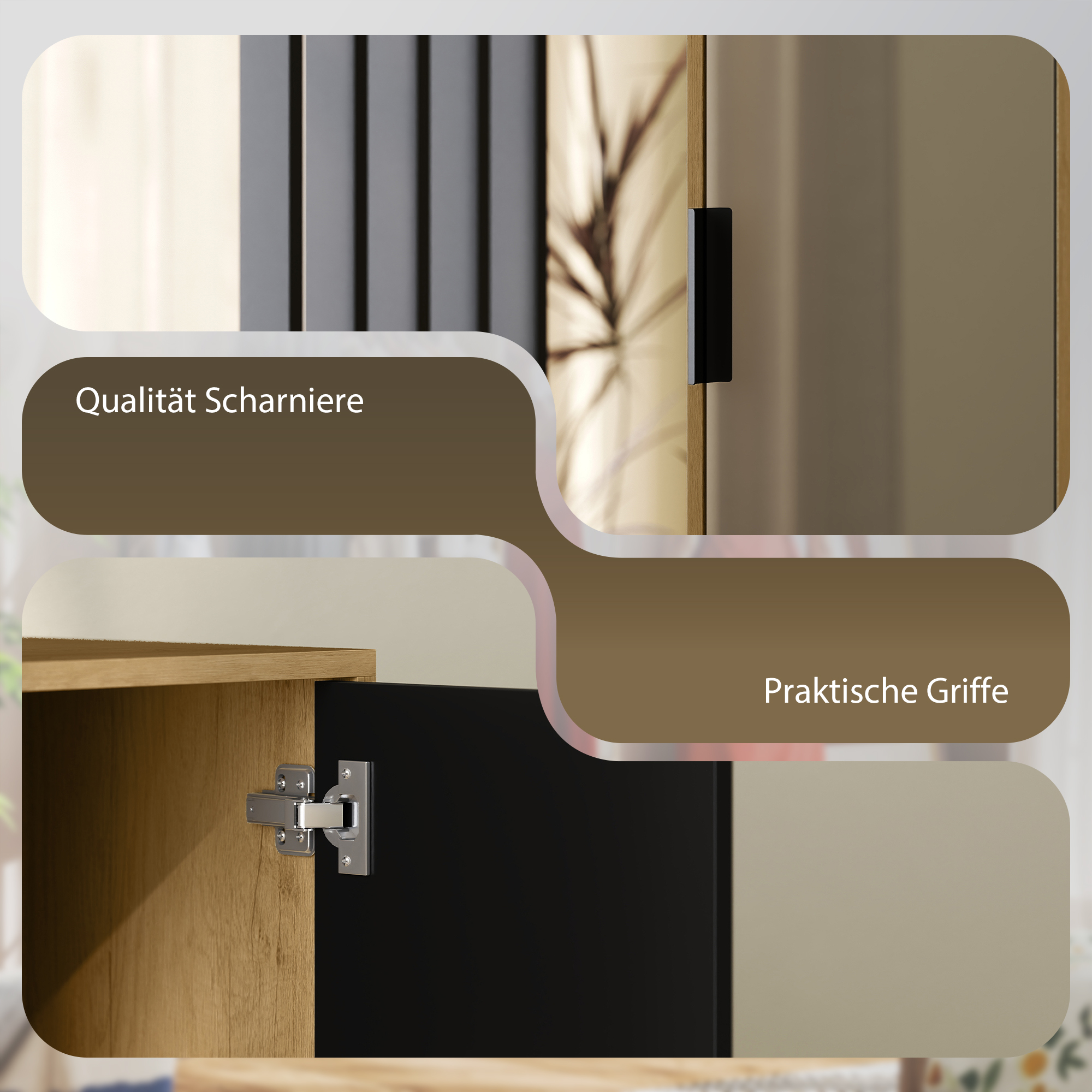 Kleiderschrank mit Spiegel und Hängestange, Aufbewahrungsfächer, offene Ablageflächen, Naturholz, Schwarz