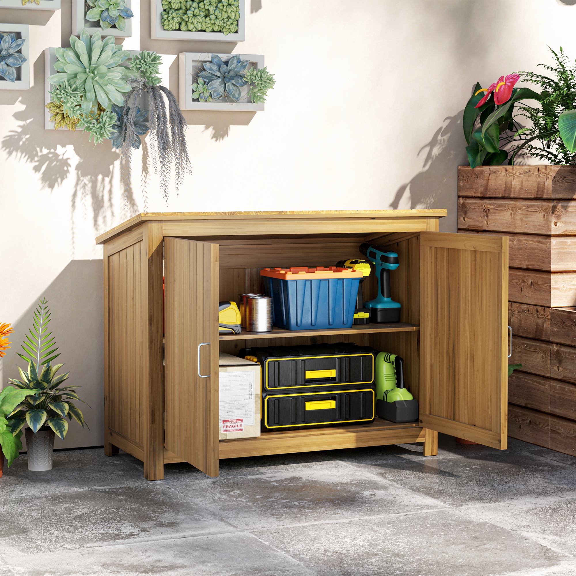 Gartenschrank, Holzkommode mit 2 Regalen für Garten, Terrasse, Wetterfest, 110 x 50 x 85 cm, Braun
