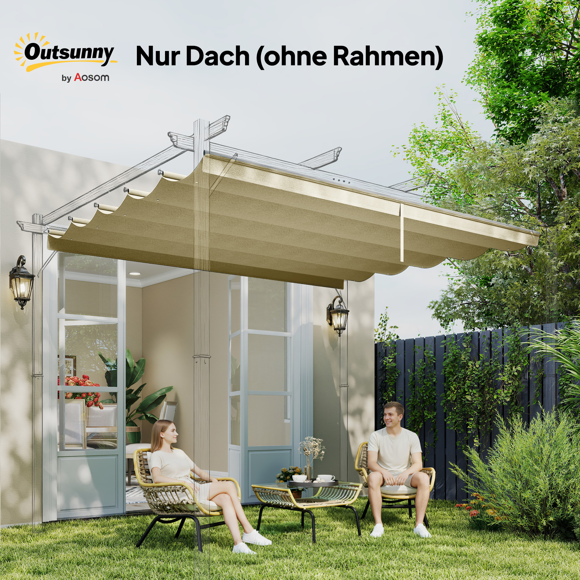 Ersatzdach für 3 x 3 m Pergola, einziehbar, mit Regenabflusslöchern, wetterfest, Polyester, Beige