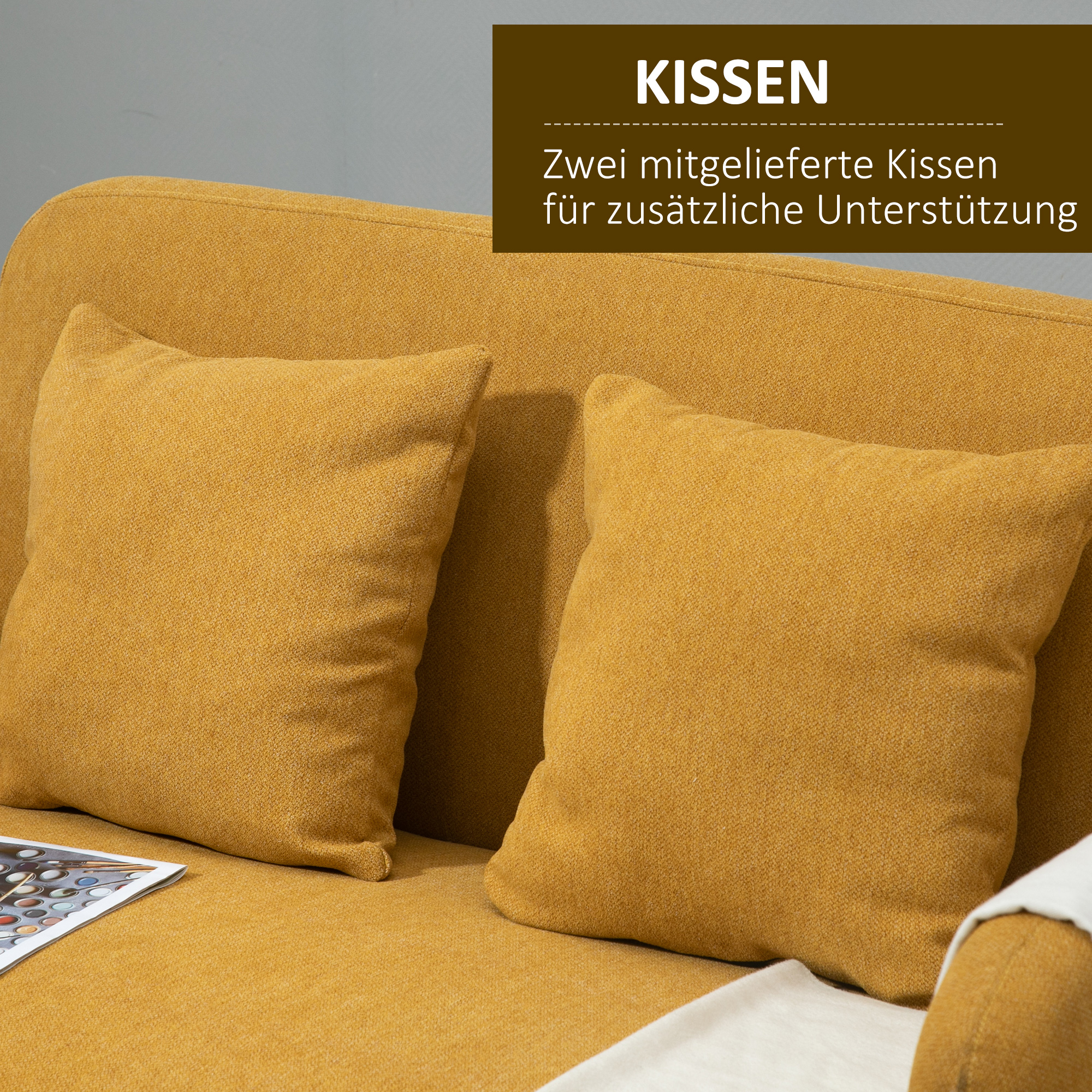 2 Sitzer Sofa, Couch mit 2 Wurfkissen, gepolsterter Doppelsofa, Polstersofa mit Samtopik, Armlehne, Loveseat für Wohnzimmer, Schlafzimmer,  130 x 70 x 80 cm, Gelb