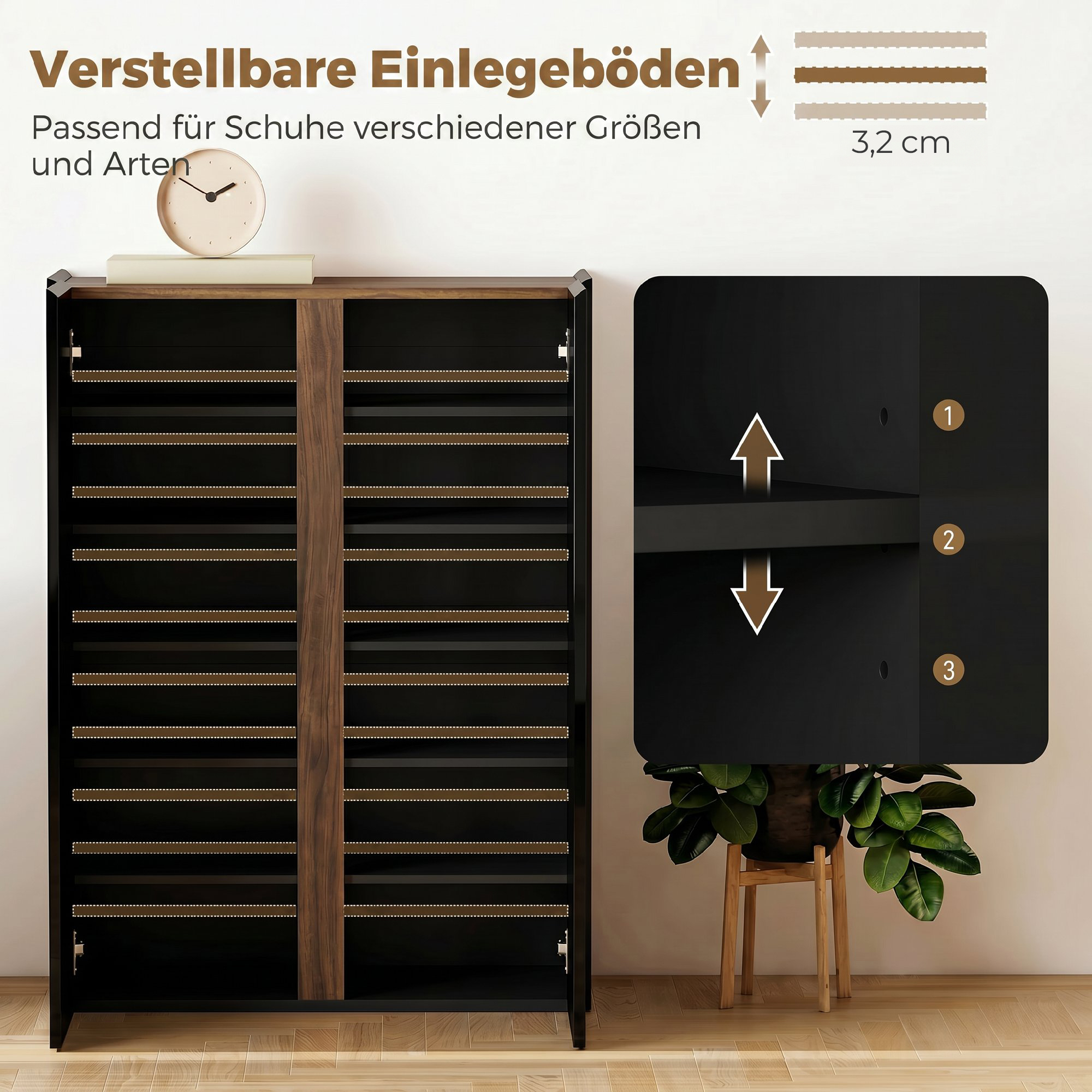Schuhschrank mit leiser Sicherheitsöffnung, 6 Ebenen, grifflose Design, Hochglanz Schwarz