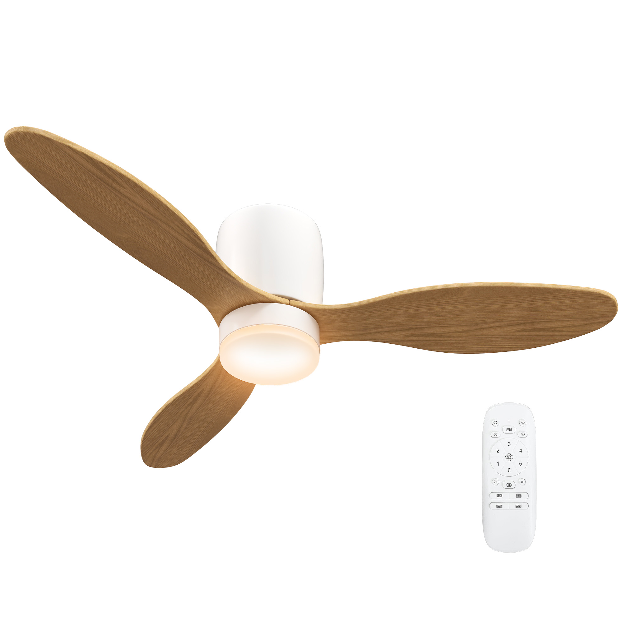 Deckenventilator mit einstellbarem Licht und Fernbedienung 115 cm, 3 Farben, 3 Flügel, 6 Geschwindigkeiten, Timer, Natur