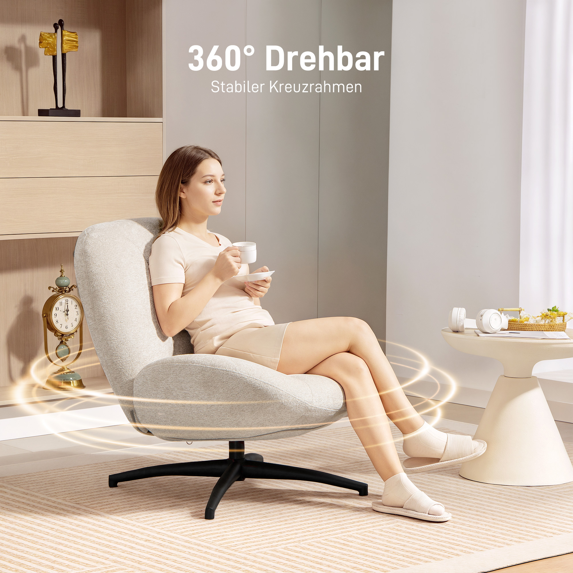 drehbarer Polsterstuhl, Akzentstuhl mit PP-Baumwollfüllung, Stoffbezug, Stahlbasis, Cremeweiß