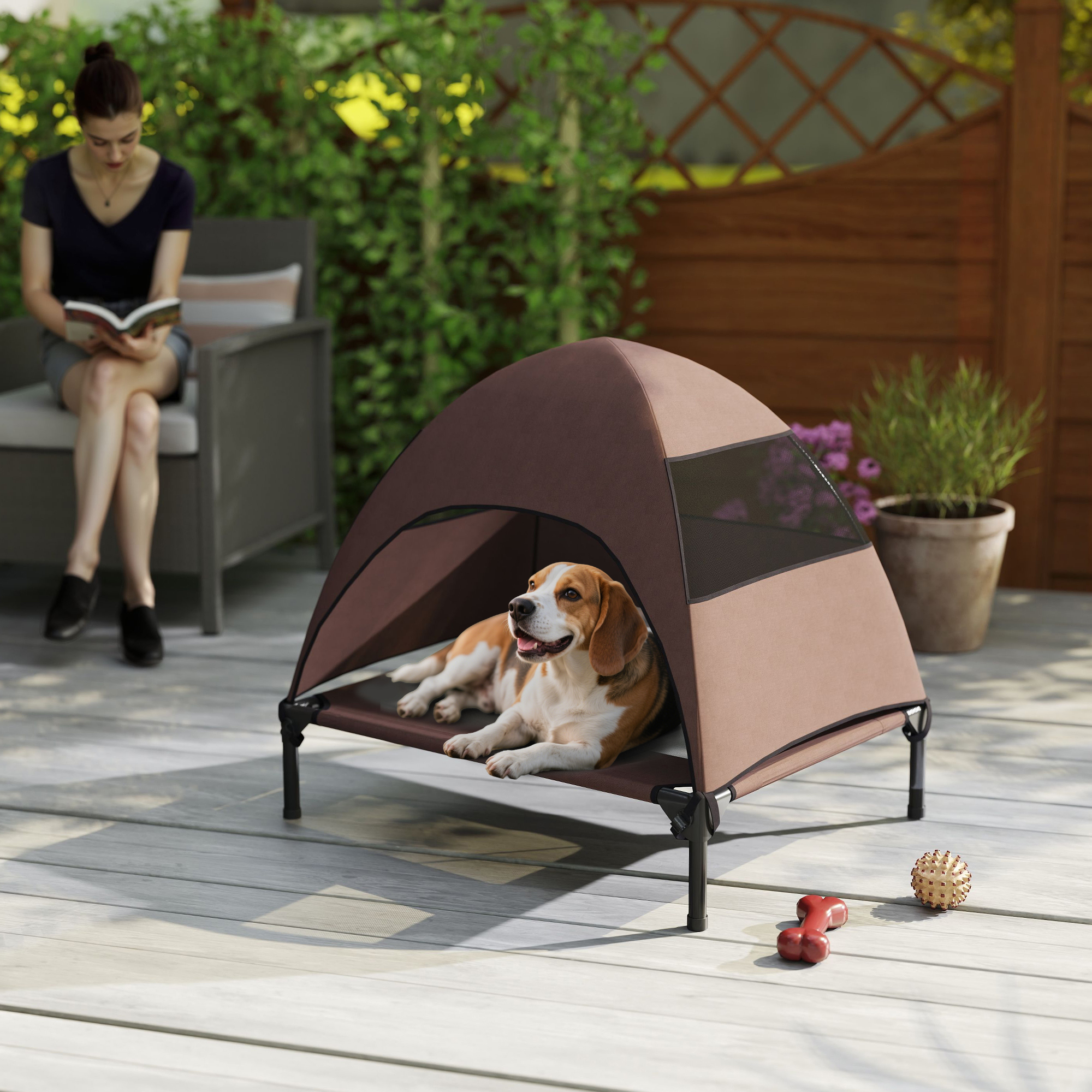 Hundeliege Outdoor mit Dach, erhöhtes Hundebett für Mittelgroße Hunde, 76 x 61 x 71cm, Kaffee