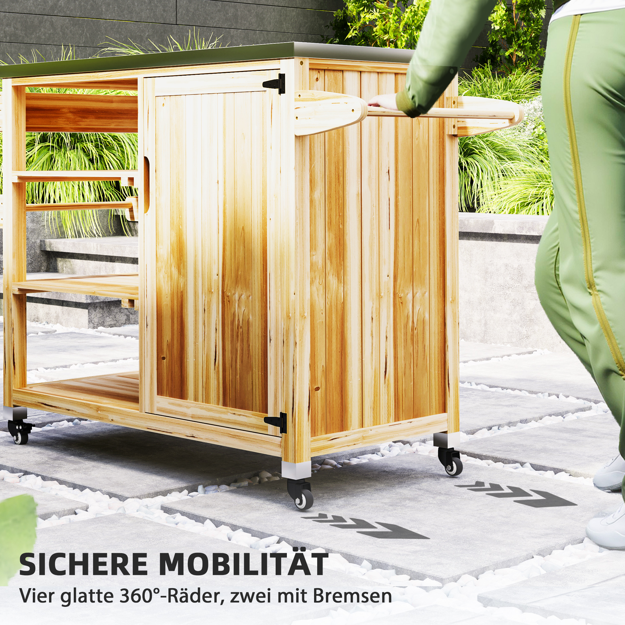Outdoor-Kücheninsel, Grillwagen mit Schrank und Regalen, Küchenwagen aus Holz und Edelstahl, mit Rollen, Naturholz