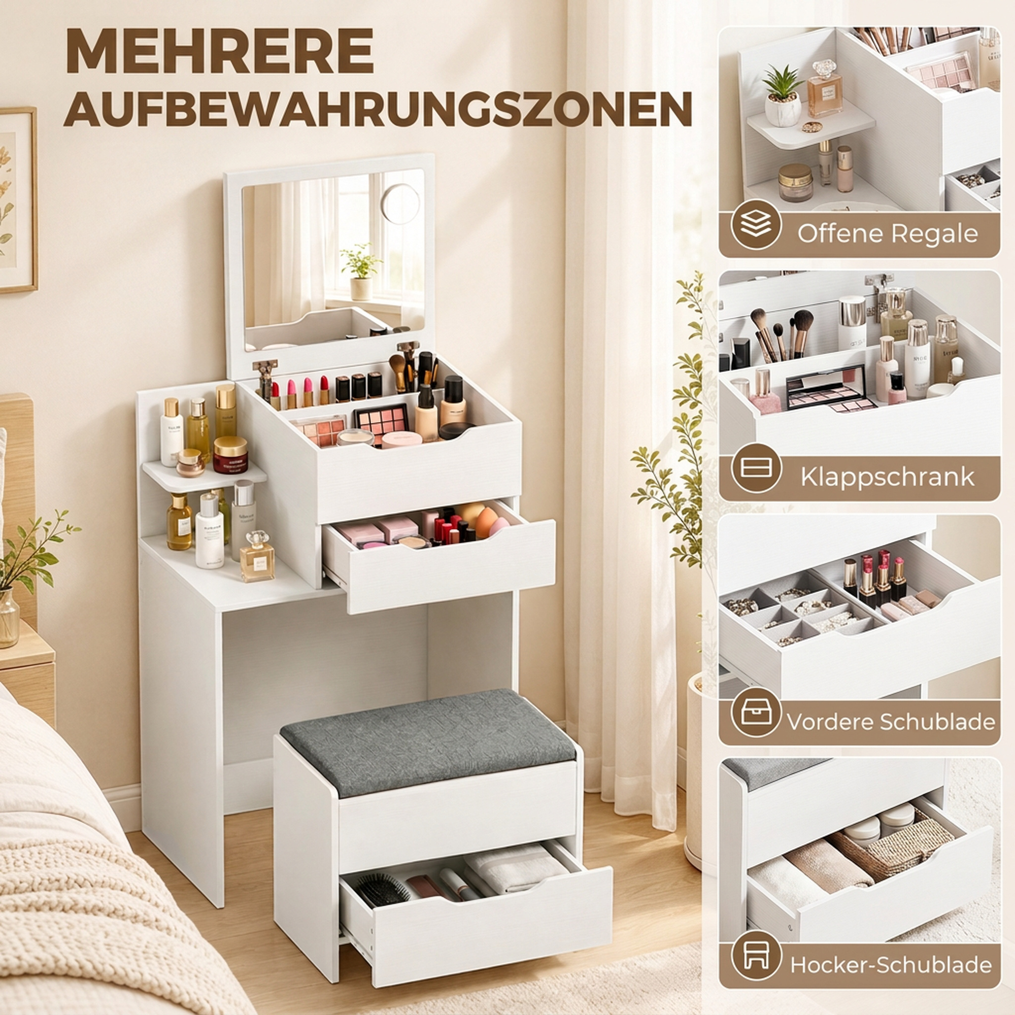 Schminktisch mit Spiegel und Hocker mit Klappspiegel, Kosmetiktisch mit Schubladen, Weiß