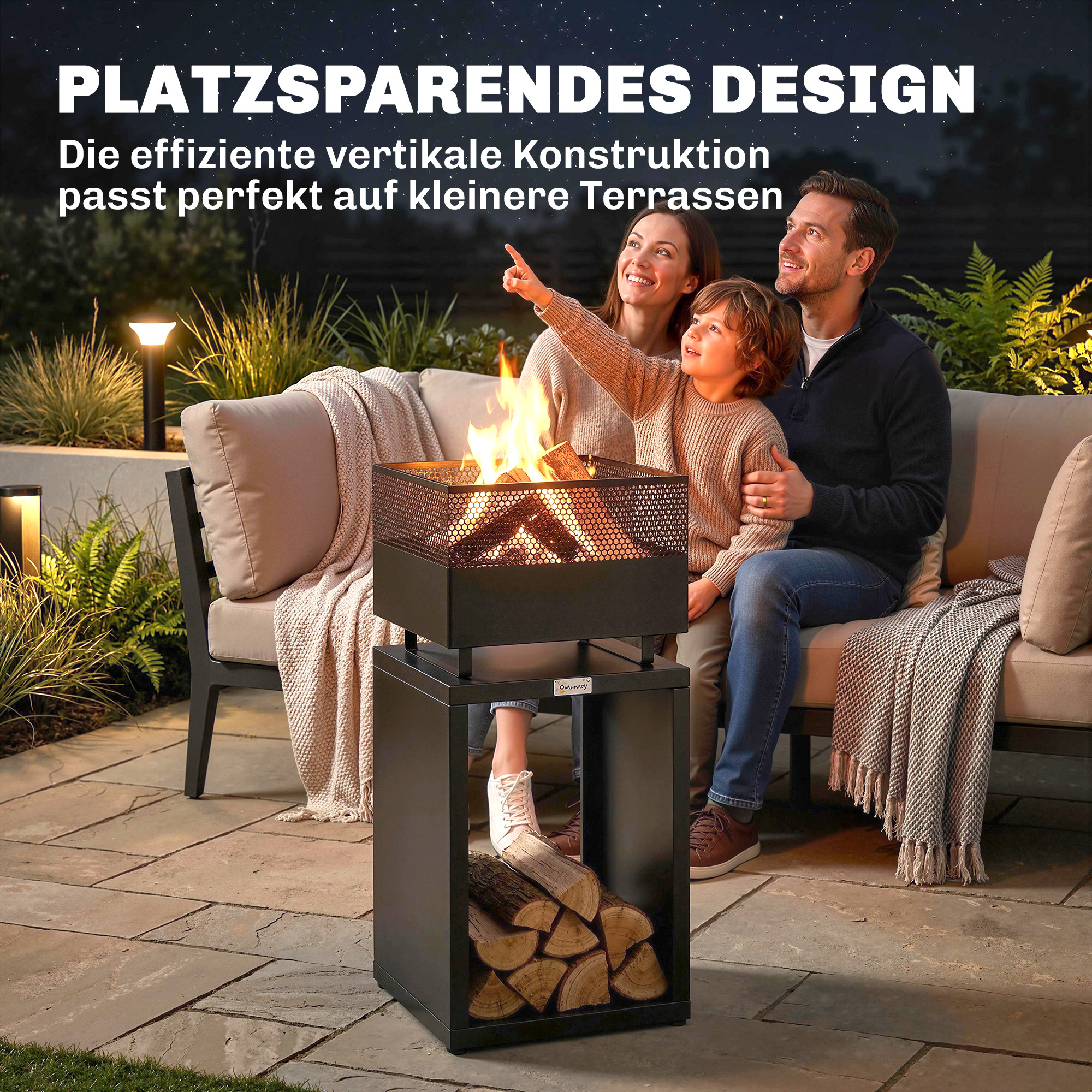 Feuerschale 39 x 39 x 87 cm Feuerstelle mit Holzlager Kohlegitter verstellbaren Füßen, Schwarz