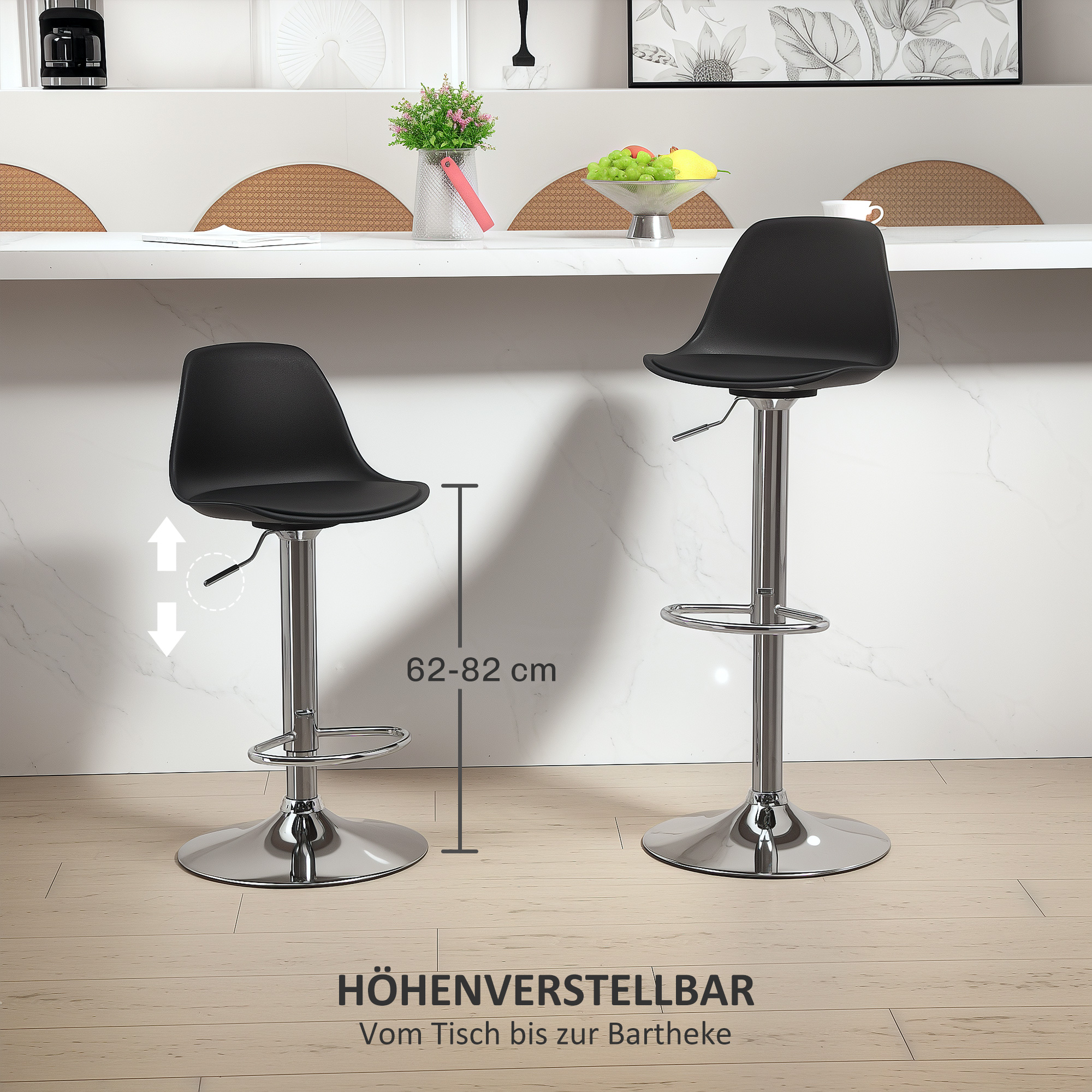 2er-Set Barhocker, Barstühle, Drehstühle mit Lehne, höhenverstellbar, bis 120 kg belastbar, 42 x 41 x 82-104 cm, Schwarz