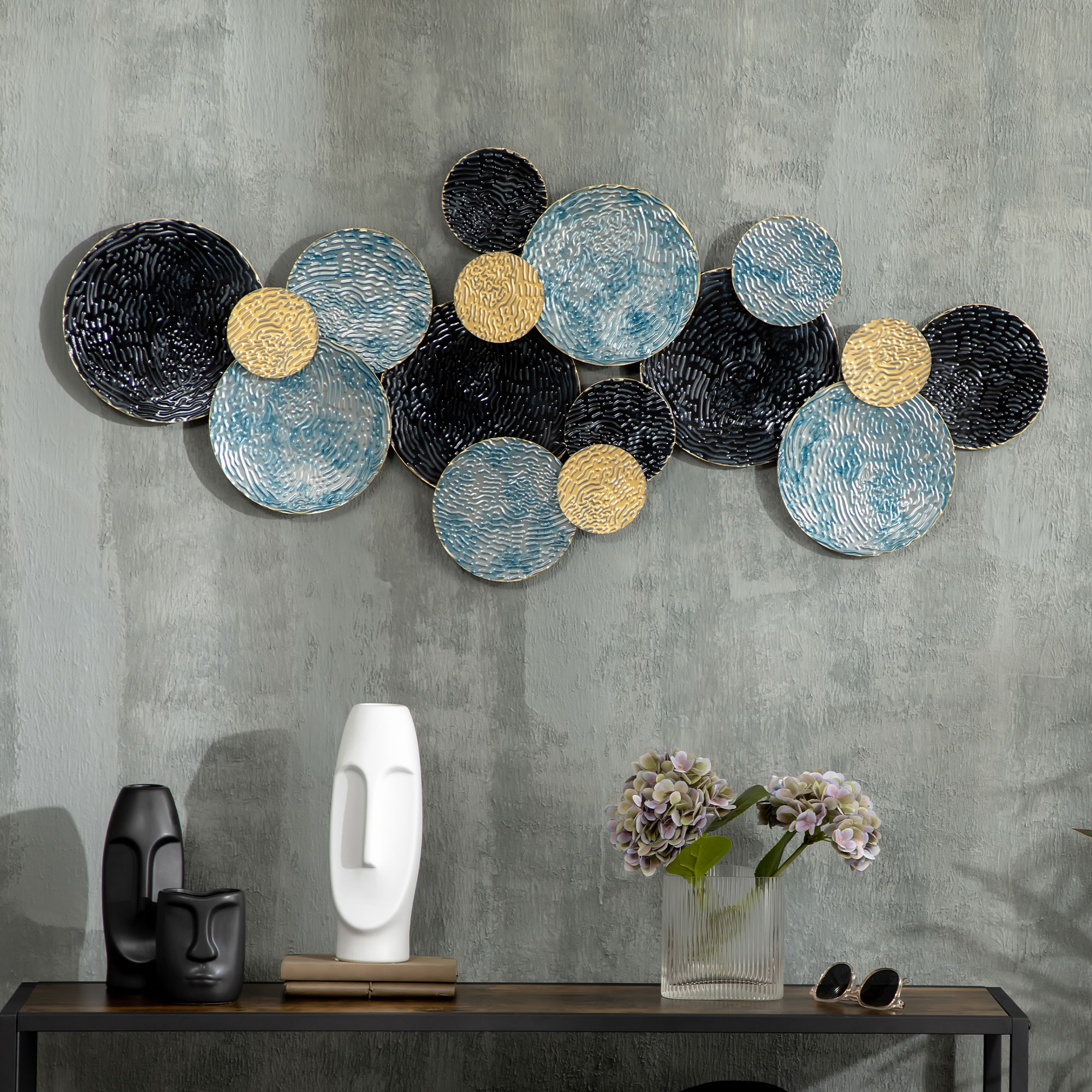 3D-Wanddekoration mit Kreisen 121 cm x 4 cm x 53 cm Metall Blau + Schwarz