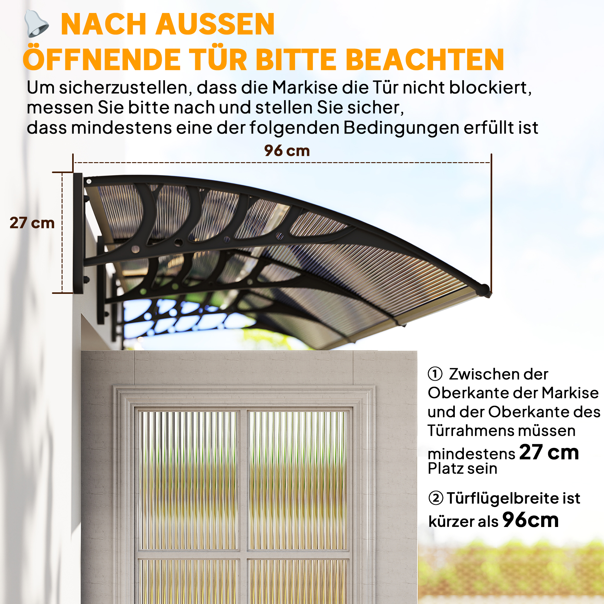 Vordach für Haustür/Fenster, wetterfest, Braun, Aluminium-Verbindungstangen/Polycarbonat, 303x96x27cm, Schwarz