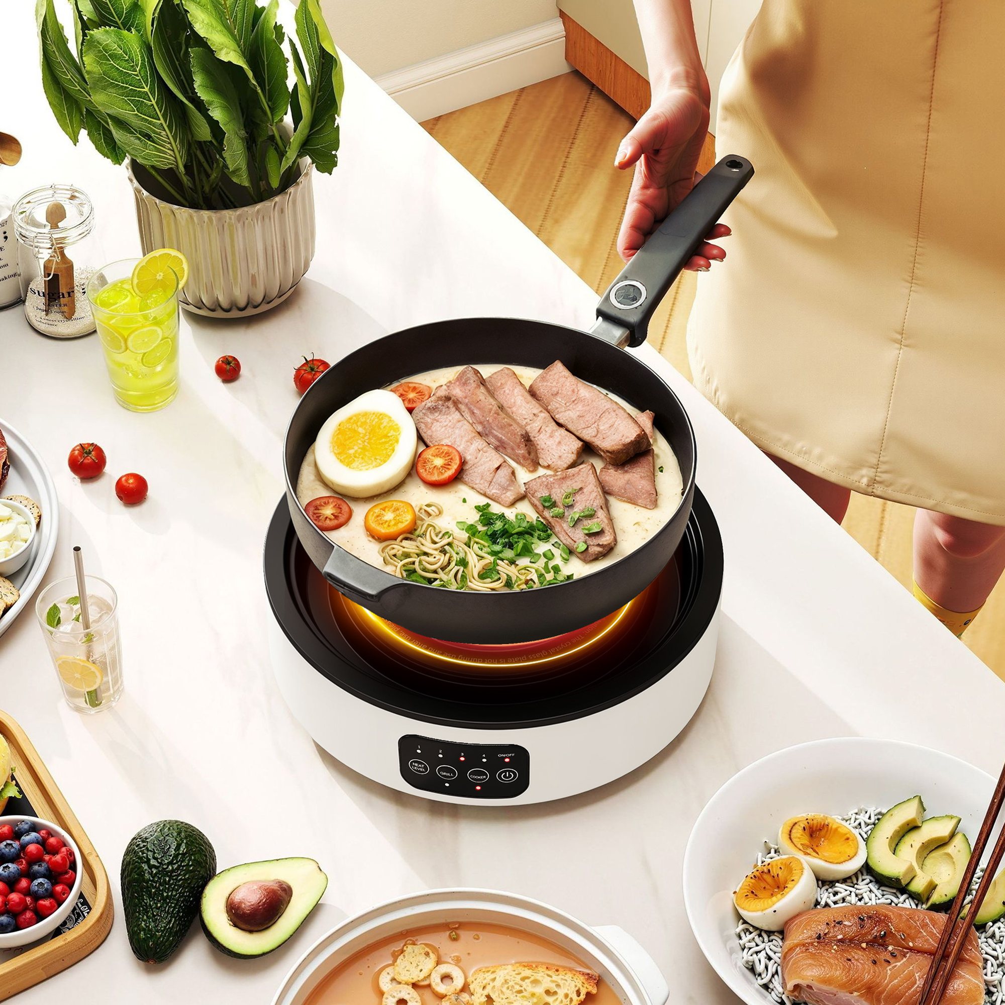 Dual-Keramikkochfeld, 2-in-1 Design, zum Kochen und Grillen, 2000W, 4 Hitzestufen, LED-Display, Fettfangschale, Weiß