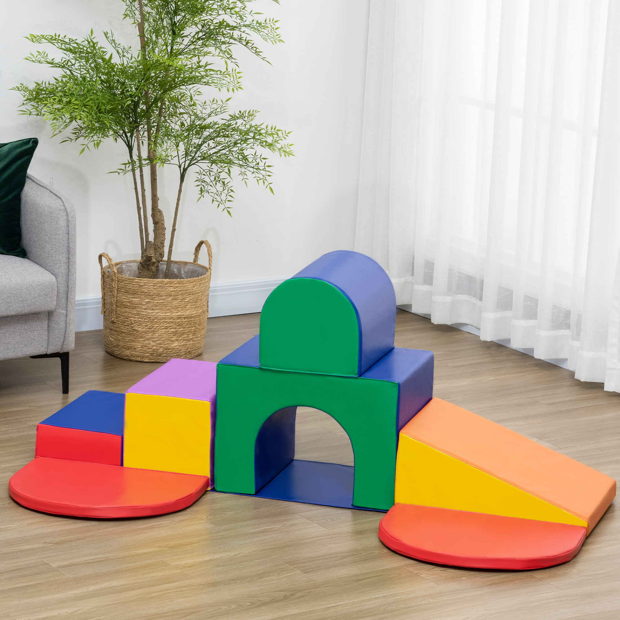 Saftbaustein-Set für Kinder, Schaumstoffblöcke, Quadrat, Treppe, Rampe, Kunstleder, Mehrfarbig