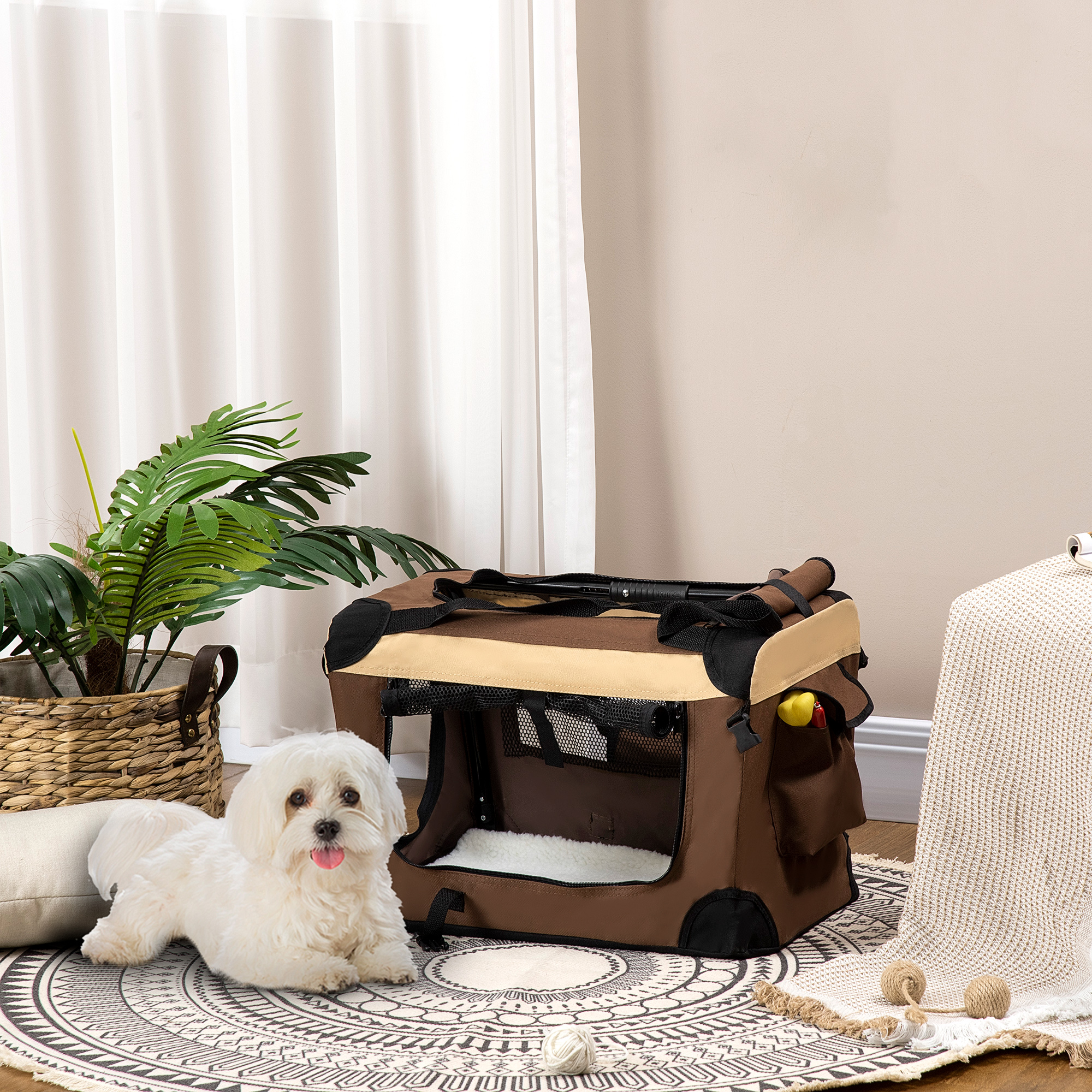 Hundetasche Hundetransporttasche, 3 Eingänge, faltbar, 70 x 51 x 50 cm, Braun + Beige