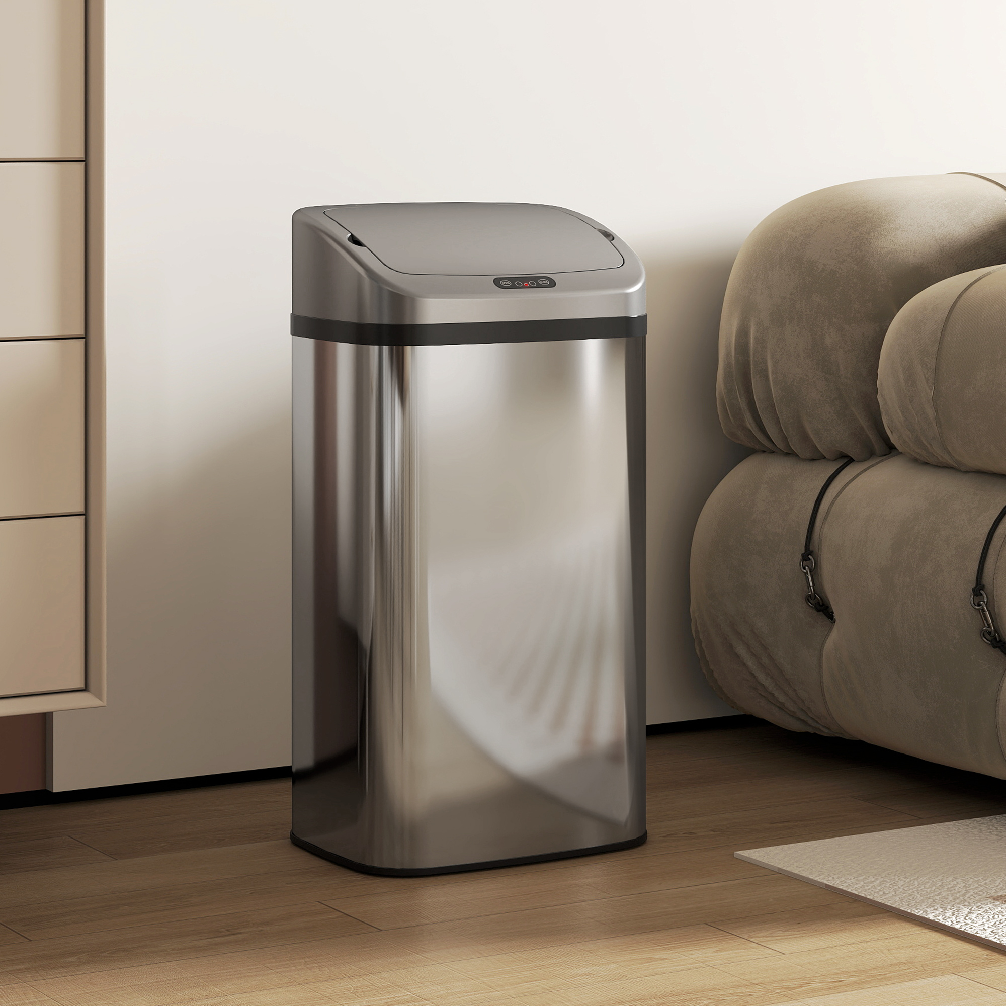 48 L Sensor-Mülleimer für Küche oder Büro, automatische Schließ-Funktion, Edelstahl, Silberton