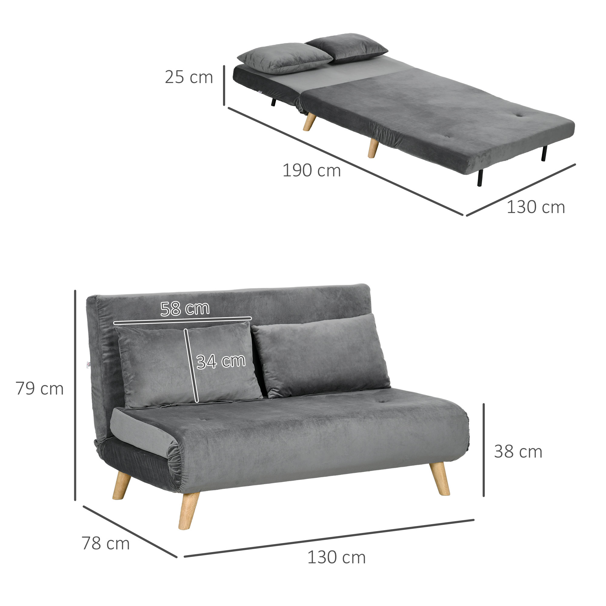 Schlafsofa Relaxsofa Sofa Couch, inkl. 2 Kissen, Samtoptik, 130 x 78 x 79 cm, Grau