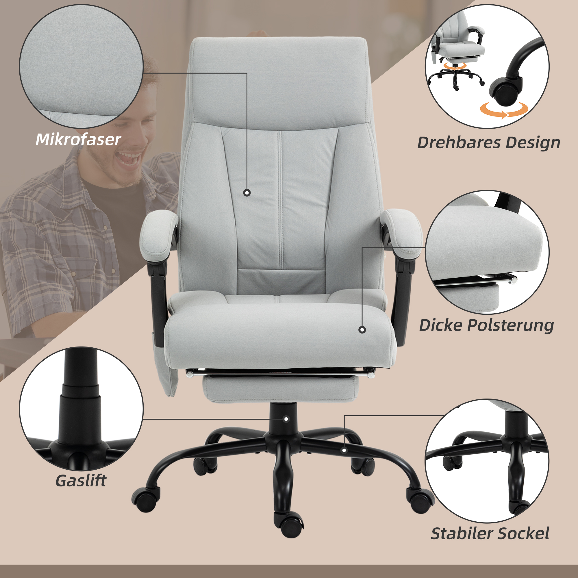 Bürostuhl mit Massagefunktion & Heizfunktion, Fußstütze, bis 120 kg, Grau