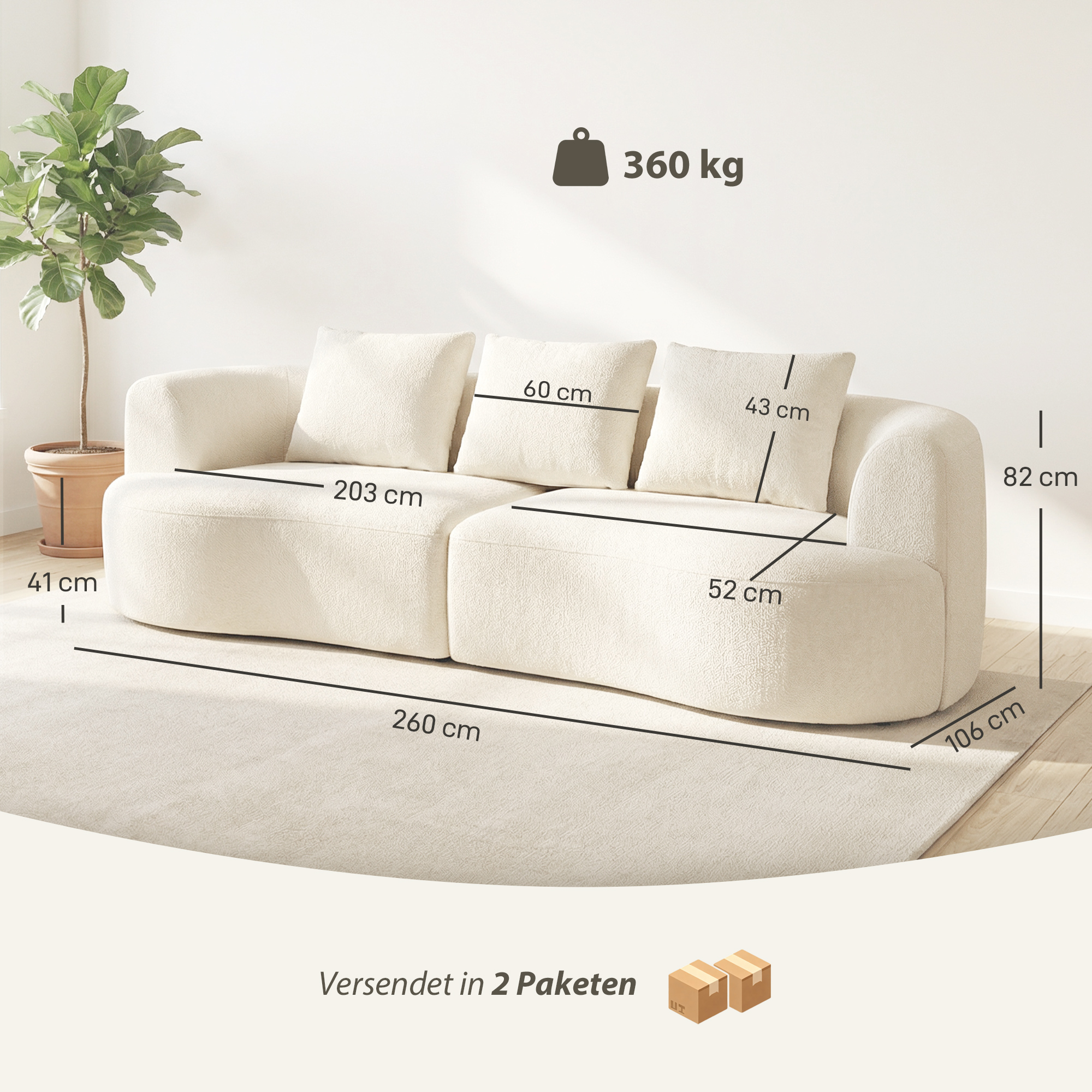 3-Sitzer-Sofa, 260 cm Chenille-Sofa mit breiter Sitzfläche, Federkernpolsterung, hochdichtem Schaumstoff, 3 Kissen, cremeweiß