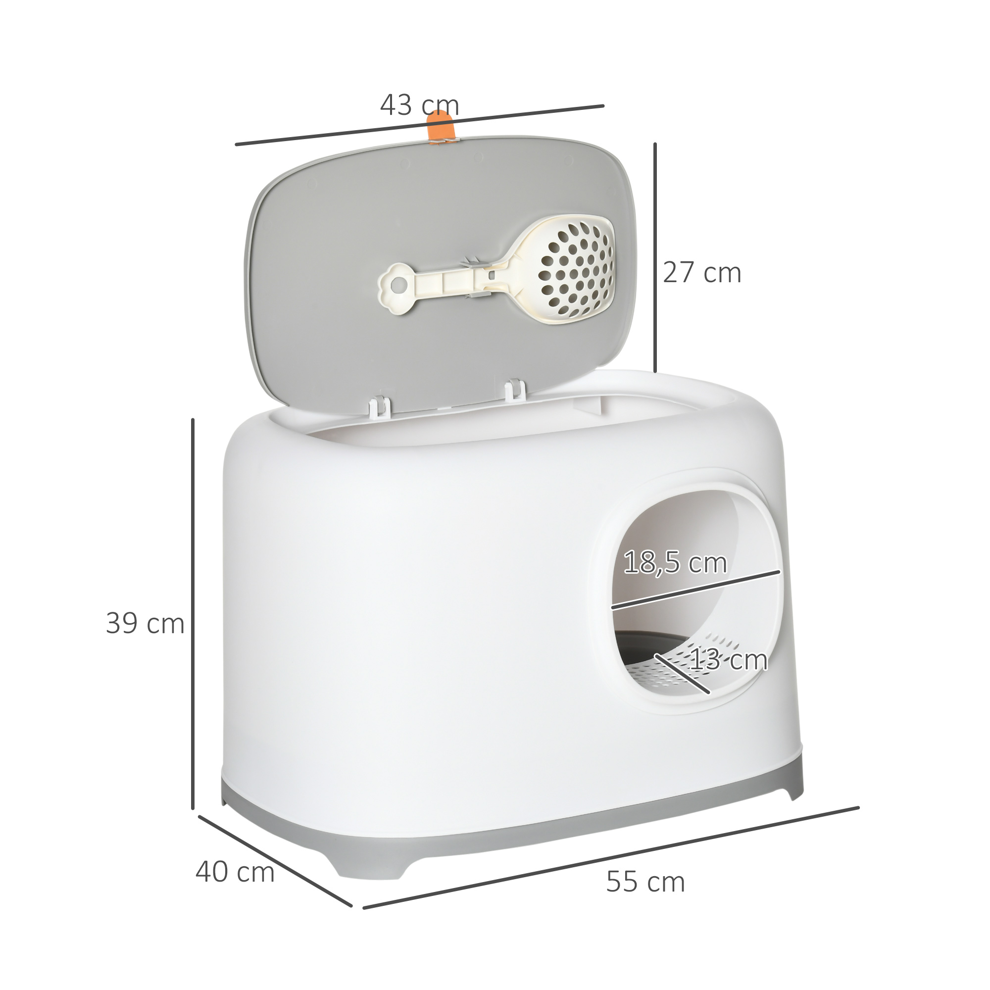 Katzenklo mit Deckel Katzentoilette mit Haube Schaufel Gitterboden XXL Katzentoilette für Katzen bis 5 kg 55 x 40 x 39 cm Weiß