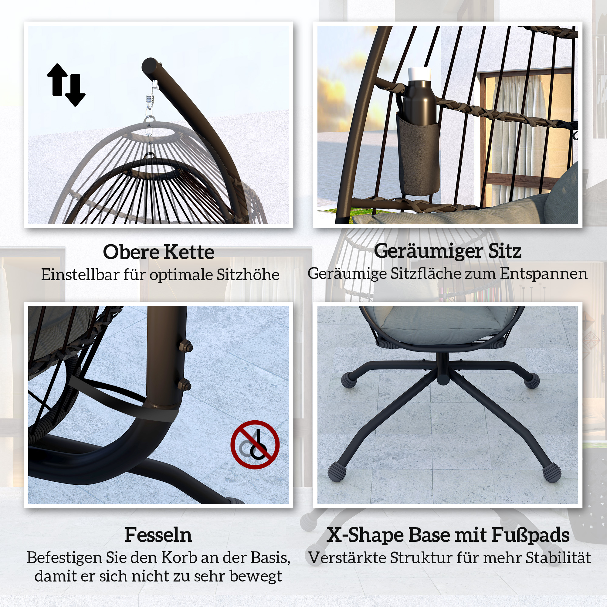 Hängender Outdoor-Schaukelstuhl mit faltbarem Korbsitz und dicken Kissen, Ständer, Kopfstütze, Becherhalter, Schwarz