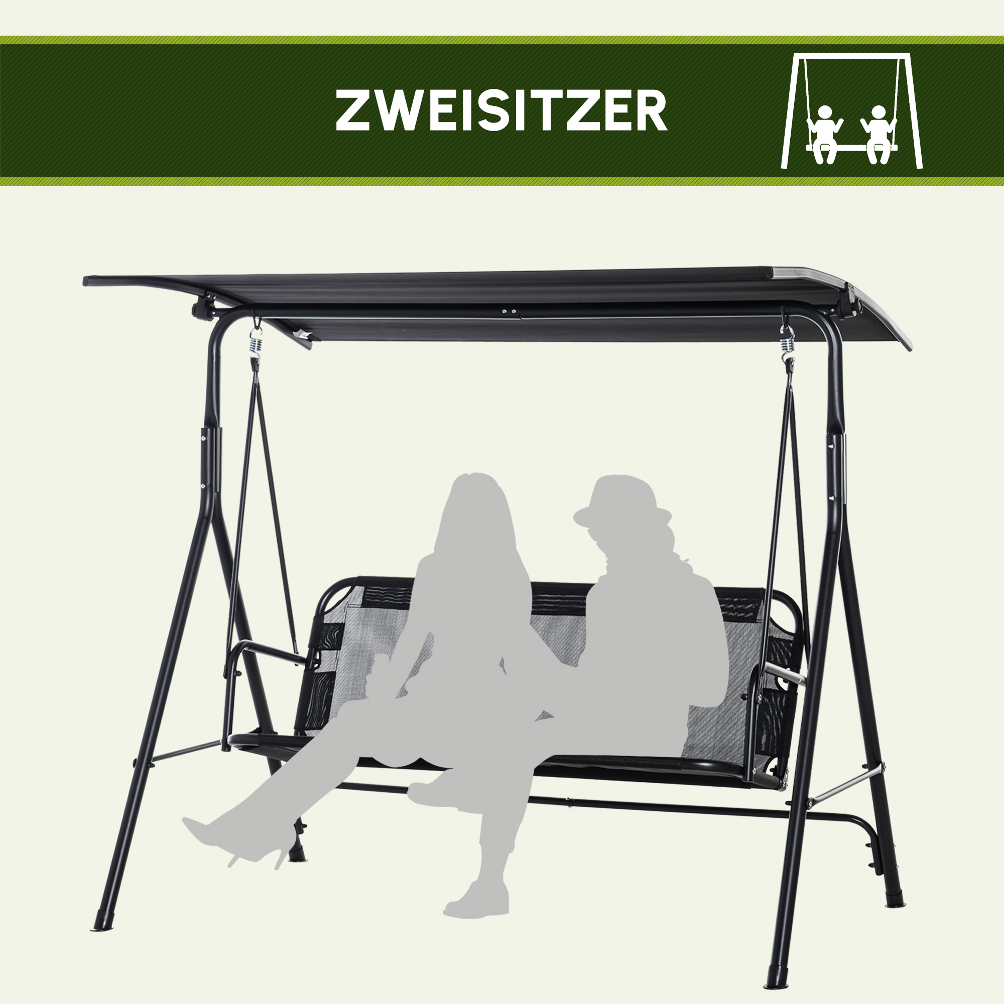2-Sitzer Hollywoodschaukel Outdoor Gartenliege UV-beständig Hochwertiges Metallrohr winkeleinstellbar Schwarz