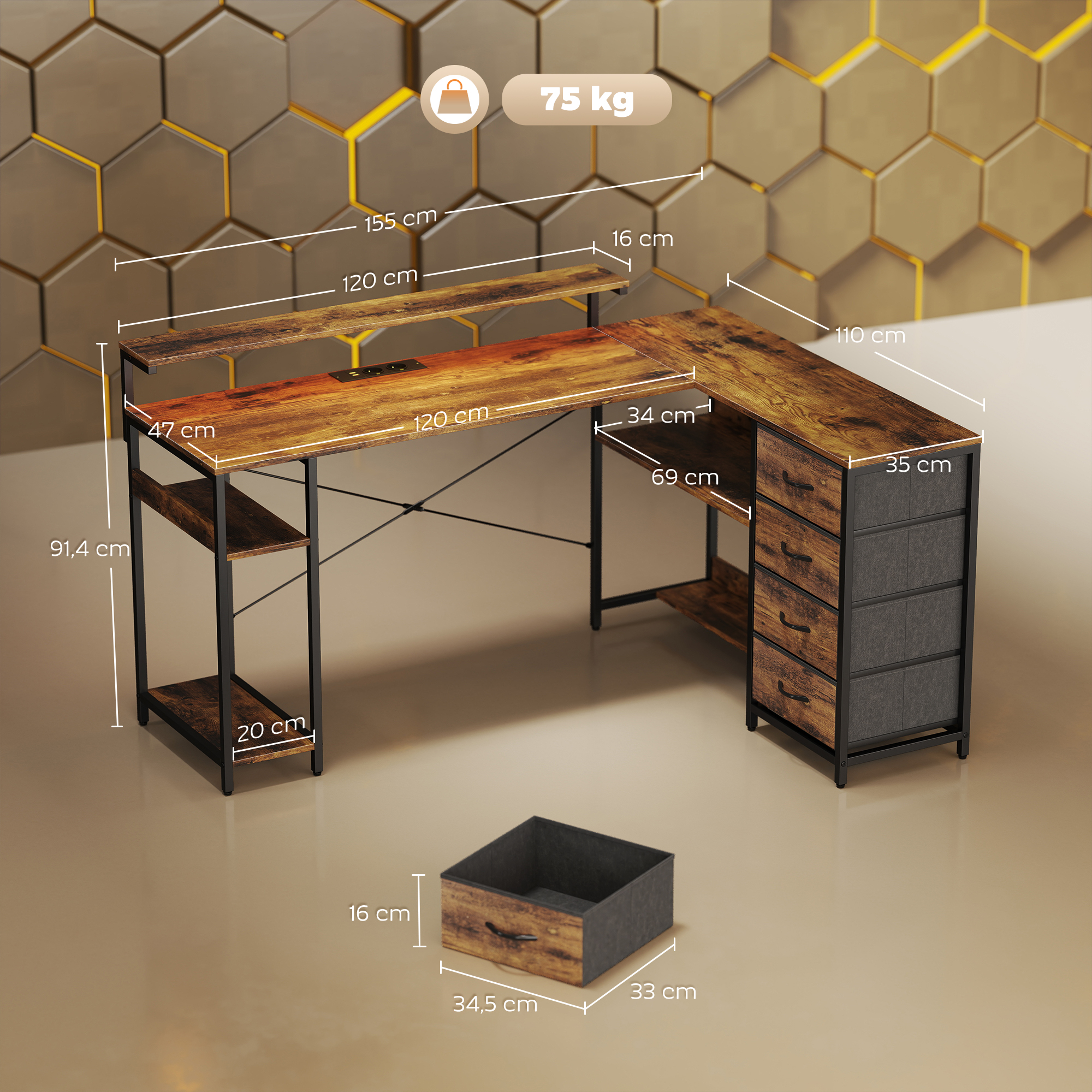 Gaming Tisch L-förmig Schreibtisch mit Stromanschluss LED-Beleuchtung 4 Schubladen Monitorständer 155x110x91,4 cm Braun