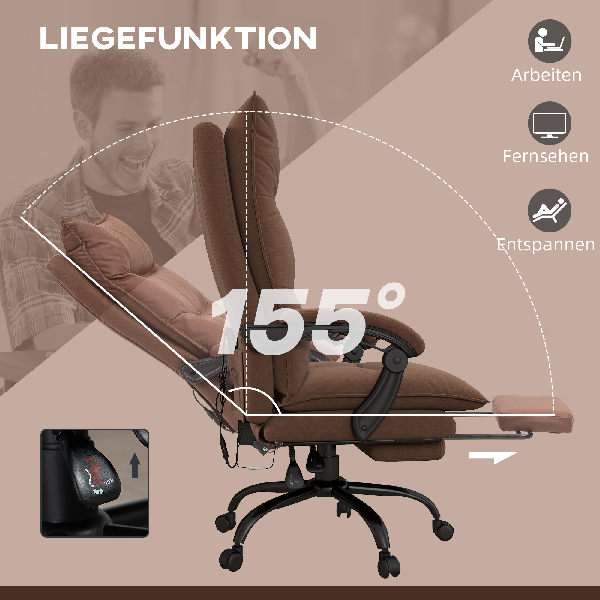 Bürostuhl mit Massage- und Heizfunktion, Fußstütze, verstellbar, bis 120 kg, Braun