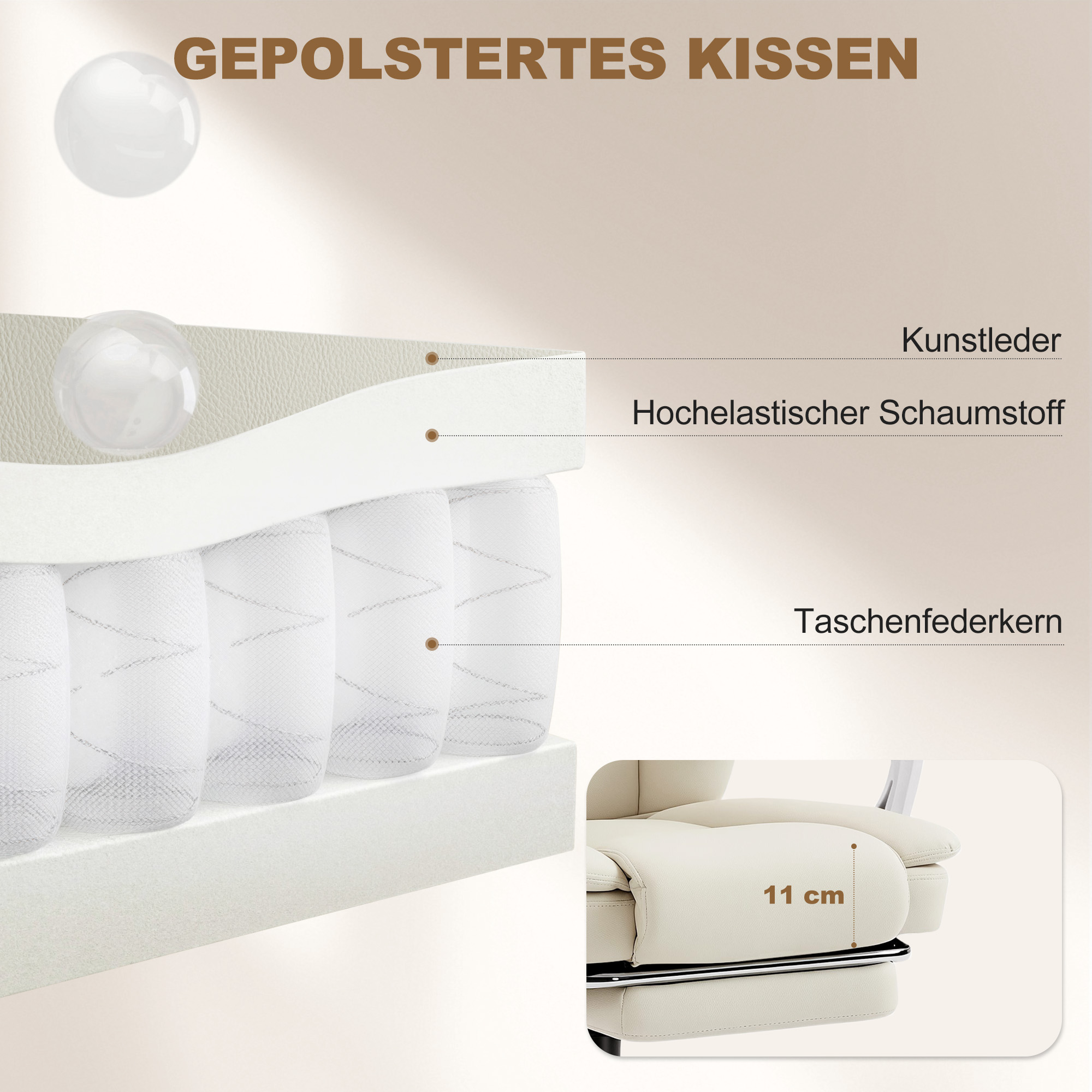 Bürostuhl mit Liegefunktion, Schreibtischstuhl, höhenverstellbar Drehstuhl mit Fußstütze, 64 x 73 x 120 cm, Beige
