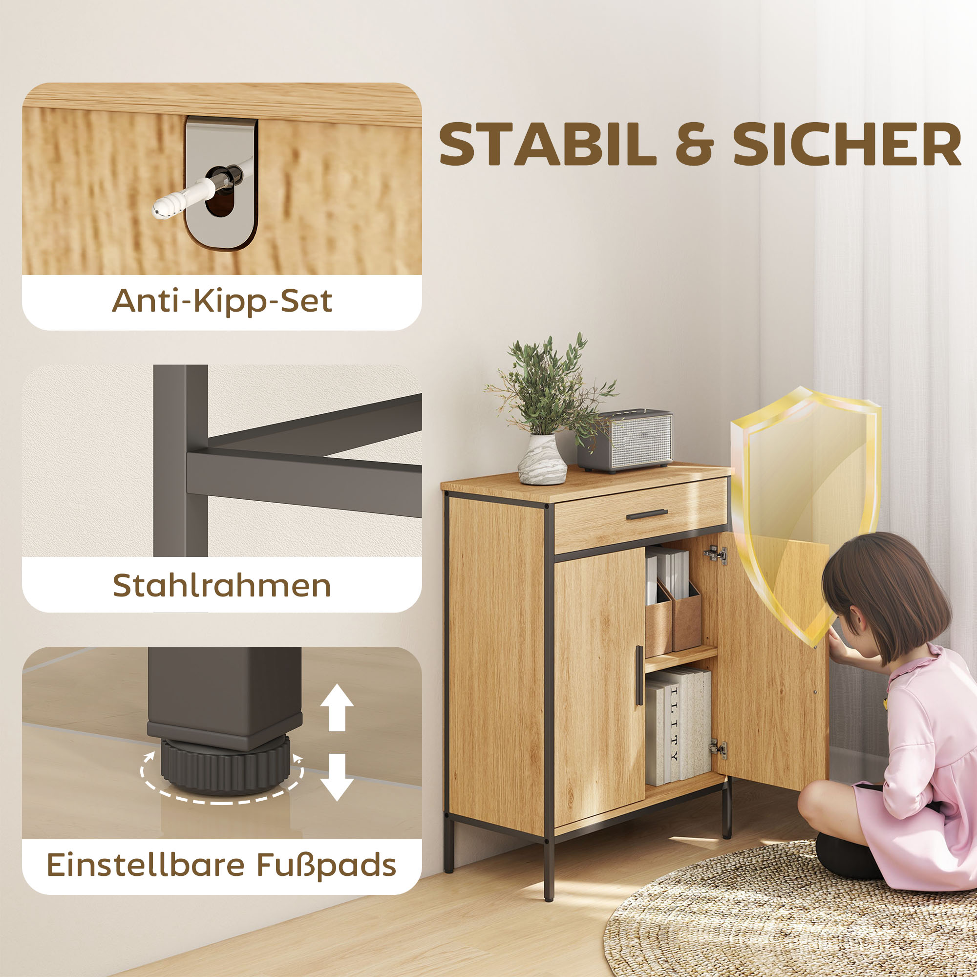 Badezimmerschrank, zweistufige Regale, große Schublade, Industriestil, Eichenoptik