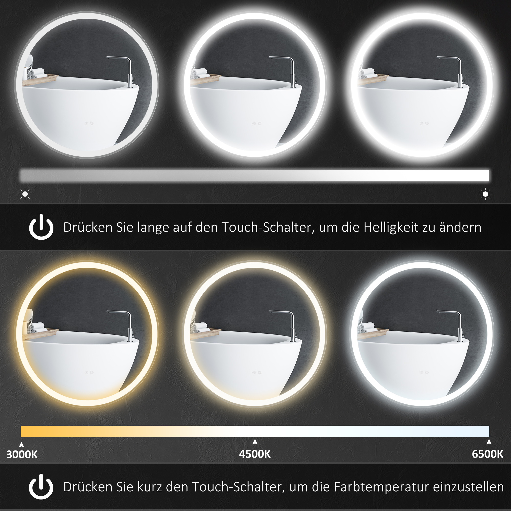Badezimmerspiegel Badspiegel Runder Spiegel, LED- Licht, Touch-Funktion, kein Beschlagen, 60 x 60 cm