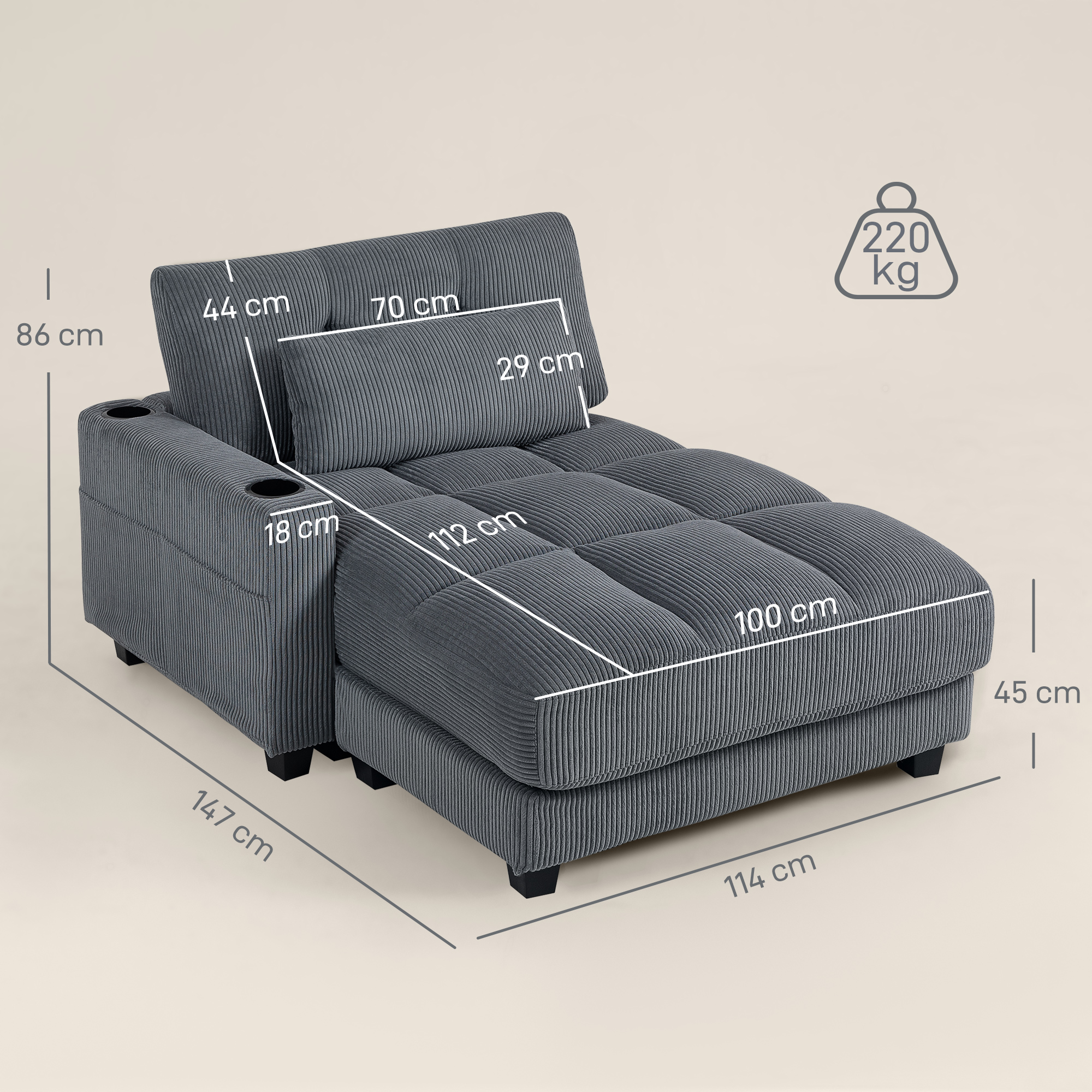 Sofa-Bett mit Kissen, Schaumstoff, zum Bett umwandelbar, Becherhalter, Grau
