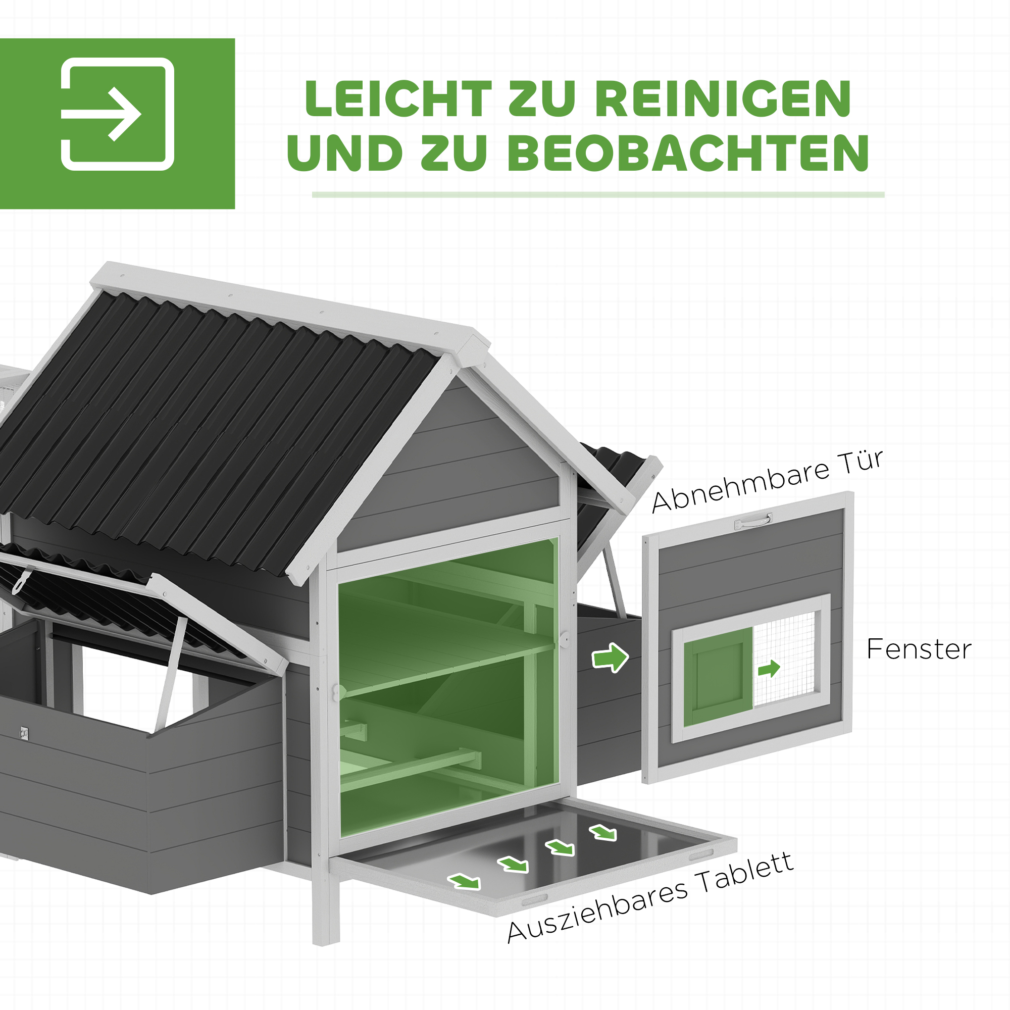 Großer Hühnerstall für 7-10 Hühner, Sitzstangen, Schaukel, Fenster, Nistkästen, Maschendraht, Grau