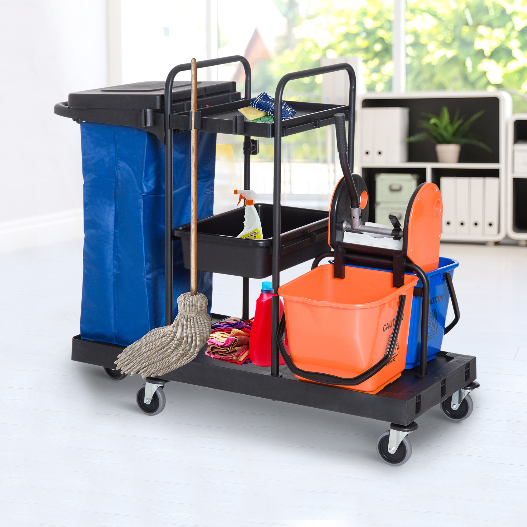 Putzwagen Reinigungswagen Wischwagen Systemwagen mit 4 leichtgängigen Rollen Schwarz+Blau+Orange 111 × 63,3 × 103 cm