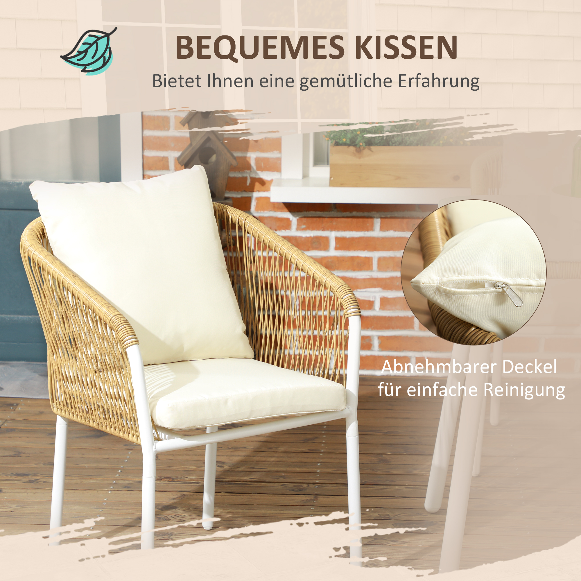 Gartengarnitur, 5-teilig, Rattanoptik, Sitz- & Rückenkissen, rostfreier Alu-Rahmen, Gelb/Weiß/Beige
