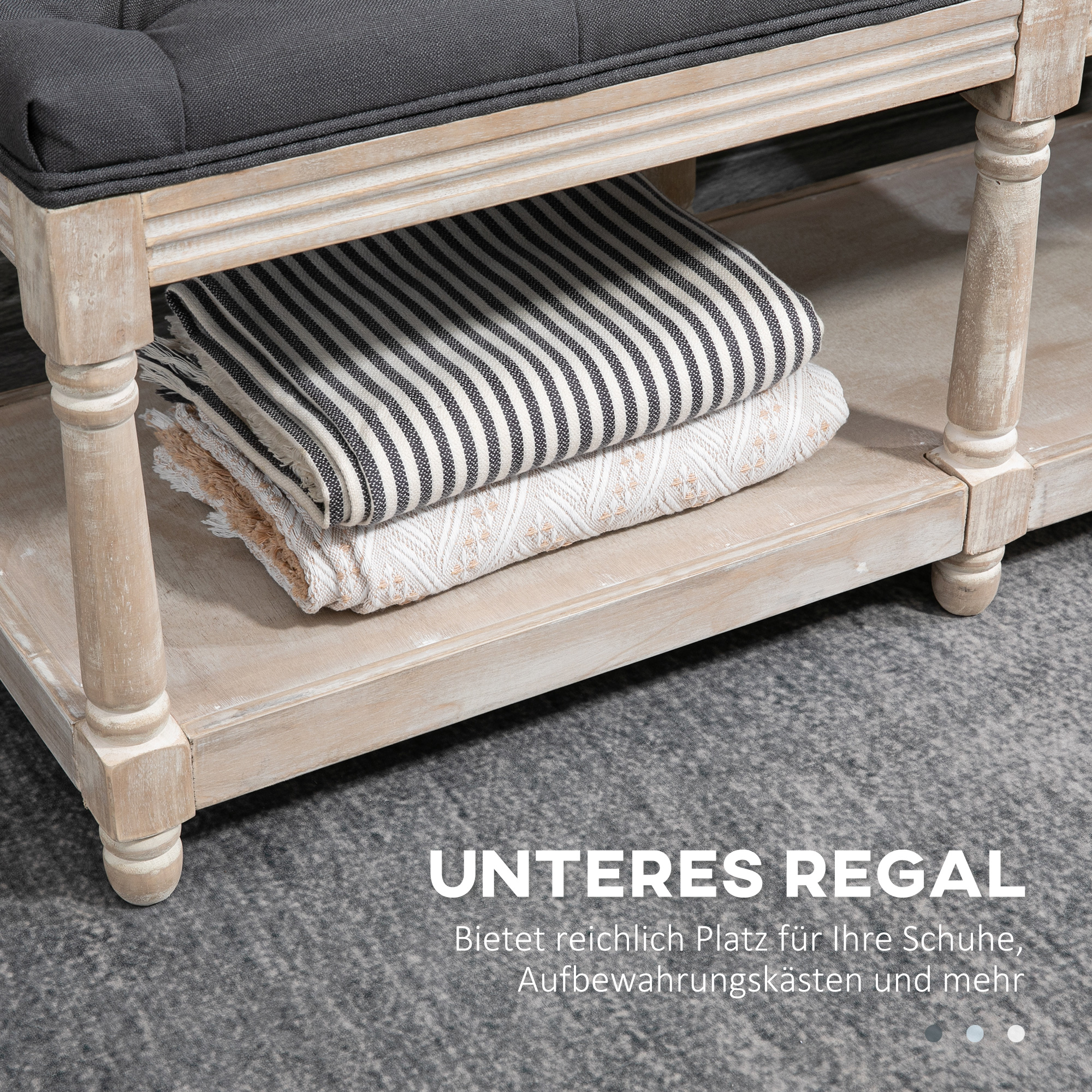 Sitzbank mit Stauraum, Vintage-Design, Knopfheftung, Kautschukbaumholz, 115x40x48cm, Grau