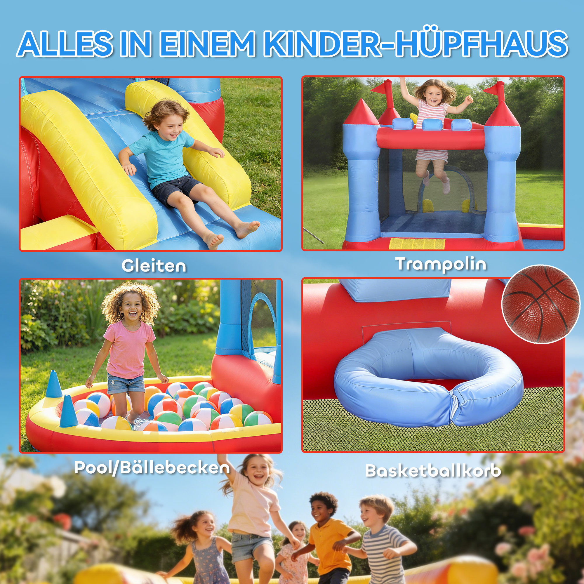 Aufblasbar Hüpfburg mit Gebläse Rutsche Trampolin Planschbecken/Bällebad Wasserpistole 342x255x209 cm Blau