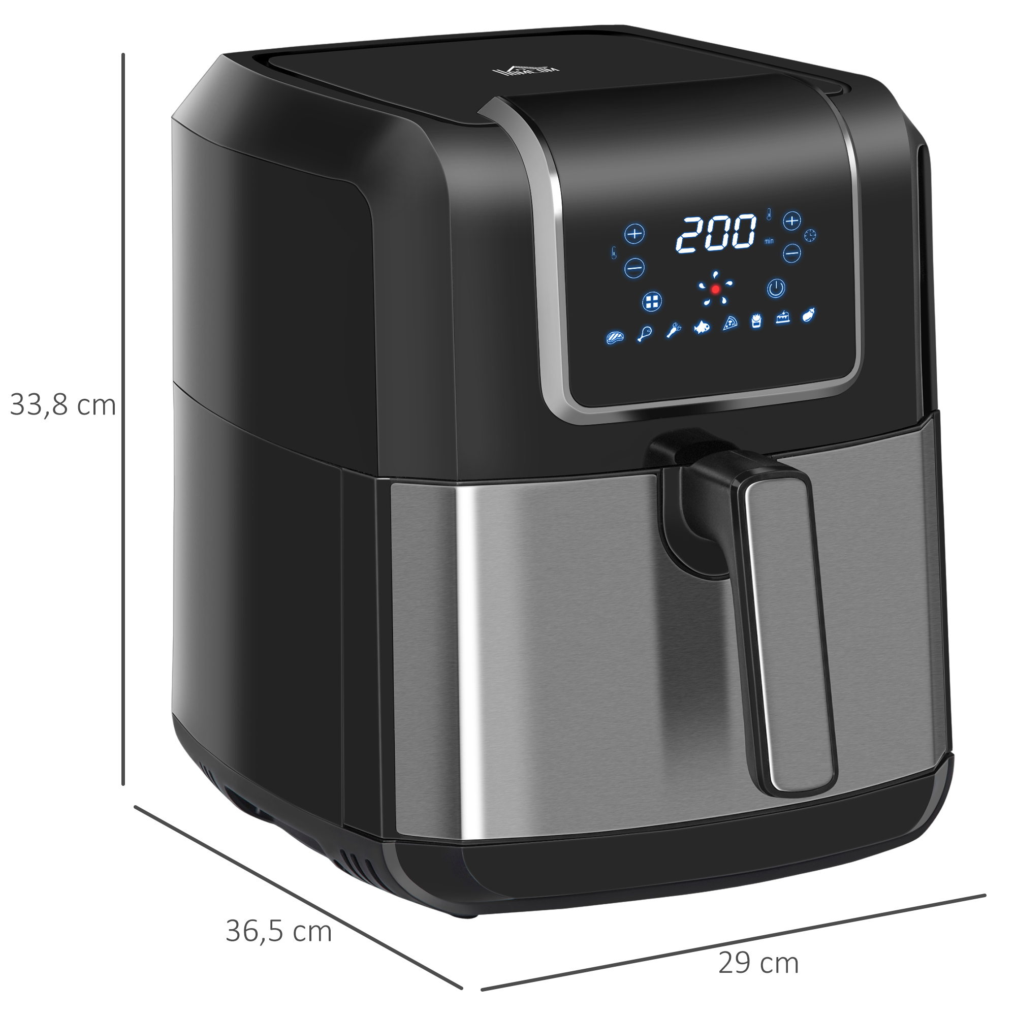 Heißluftfritteuse 6,5 L 1700W mit 8 Menüs LED-Display Antihaftbeschichteter Korb für gesundes ölfreies fettarmes Kochen Schwarz 36,5 x 29 x 33,8 cm
