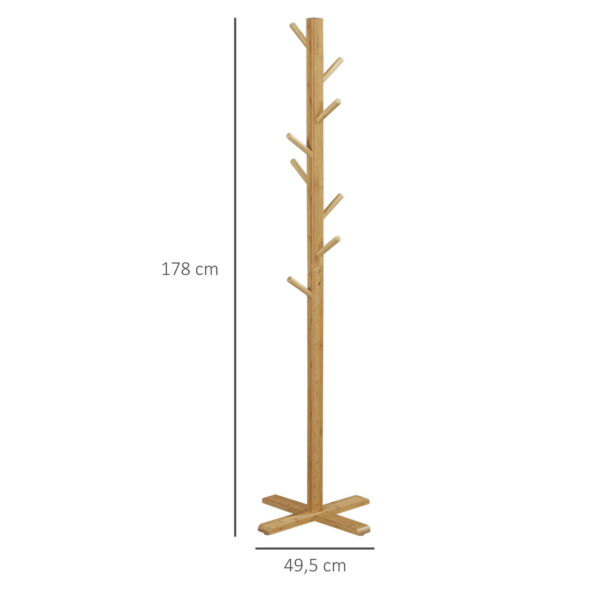 Garderobe Kleiderständer Hutständer, 8 Haken, 49,5 cm x 49,5 cm x 178 cm, Natur