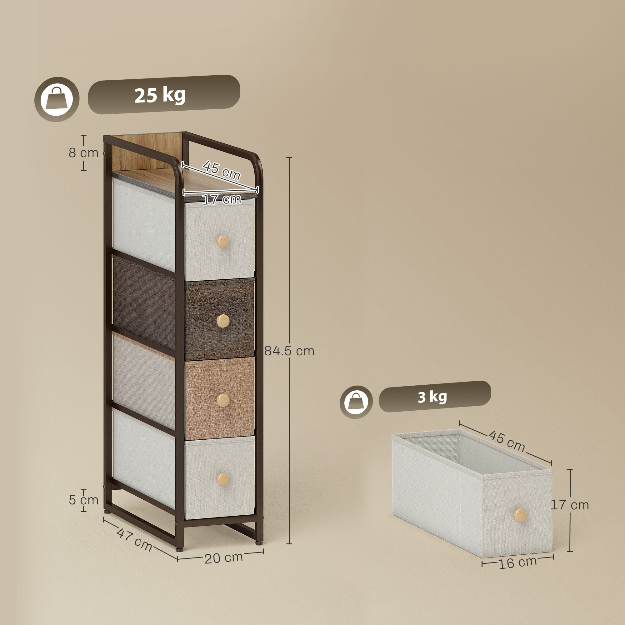 Kommode Schrank mit 4 Schubladen aus Vliesstoff Aufbewahrungsschrank mit Stahlrahmen, 20 x 47 x 84,5 cm, Mehrfarbig