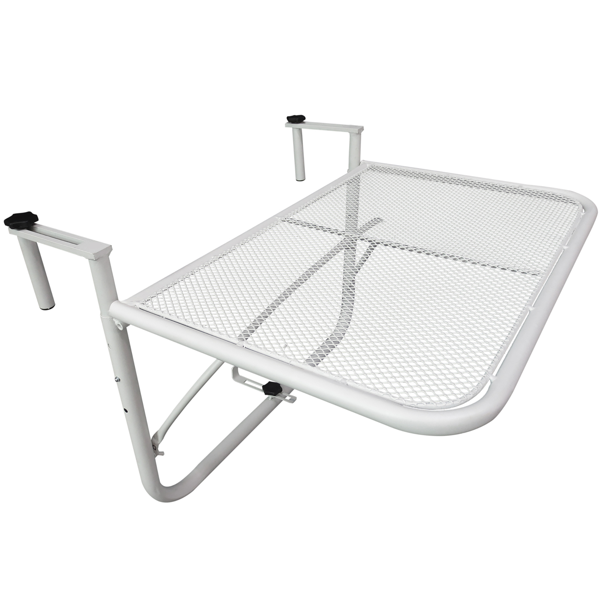Balkonhängetisch 3-fach höhenverstellbarer Hängetisch aus Metall wetterfest Balkontisch Beistelltisch für Balkongeländer Terrassengeländer Tisch zum Einhängen 60 x 56 cm, Weiß
