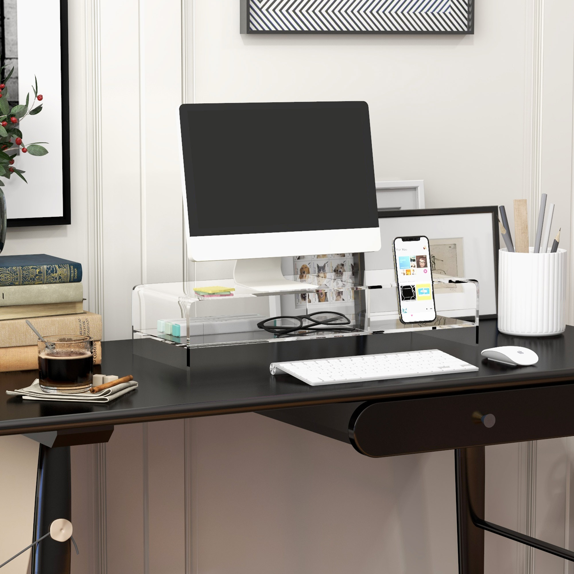 Monitorständer mit Tastaturfach, transparent, für Monitore bis 24 Zoll, 2 Etagen, Acryl, 50,8 x 19 x 12 cm