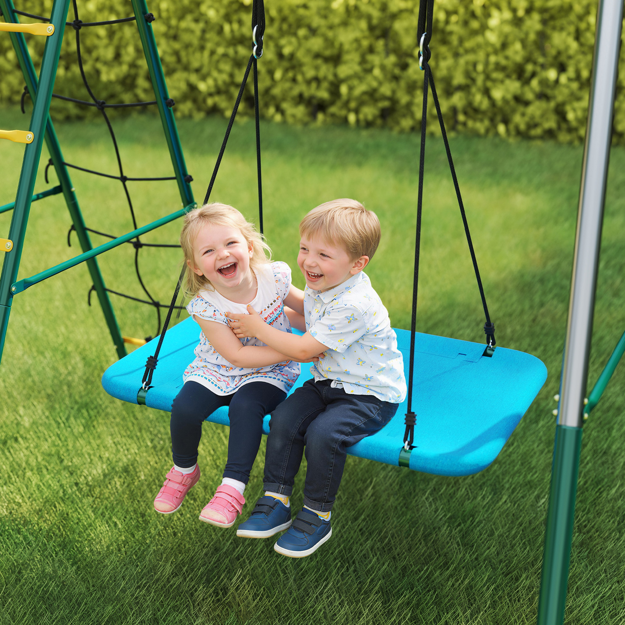 5-in-1 Schaukelgestell mit verstellbarer Nestschaukel Turnringe Doppelsitzer Klettergerüst für 3-8 Jahre 440x175x203 cm