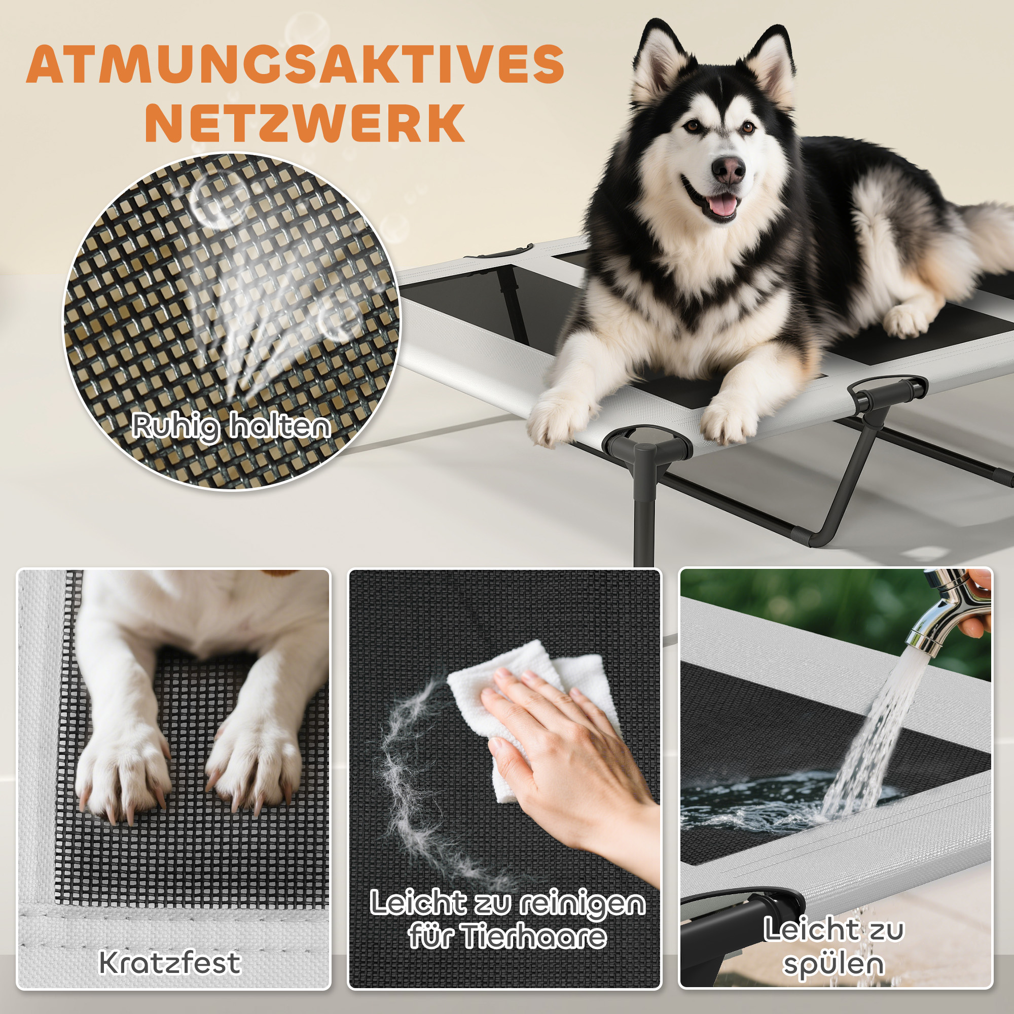 Hundeliege Outdoor mit Dach, Erhöhtes Hundebett für extra große Hunde, mit Stahlrahmen, 122x92x94cm, Hellgrau