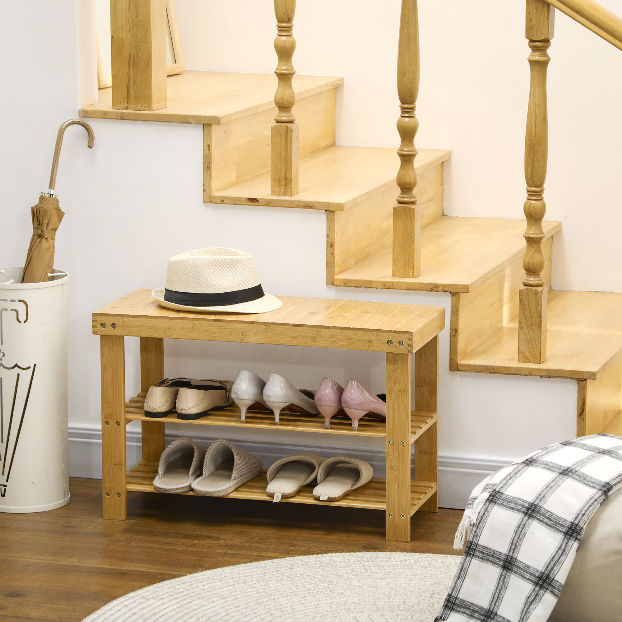 Schuhbank, 3 Etagen, Platz für 6-9 Paar Schuhe, bis 130 kg, Bambus, 70 x 28 x 45cm