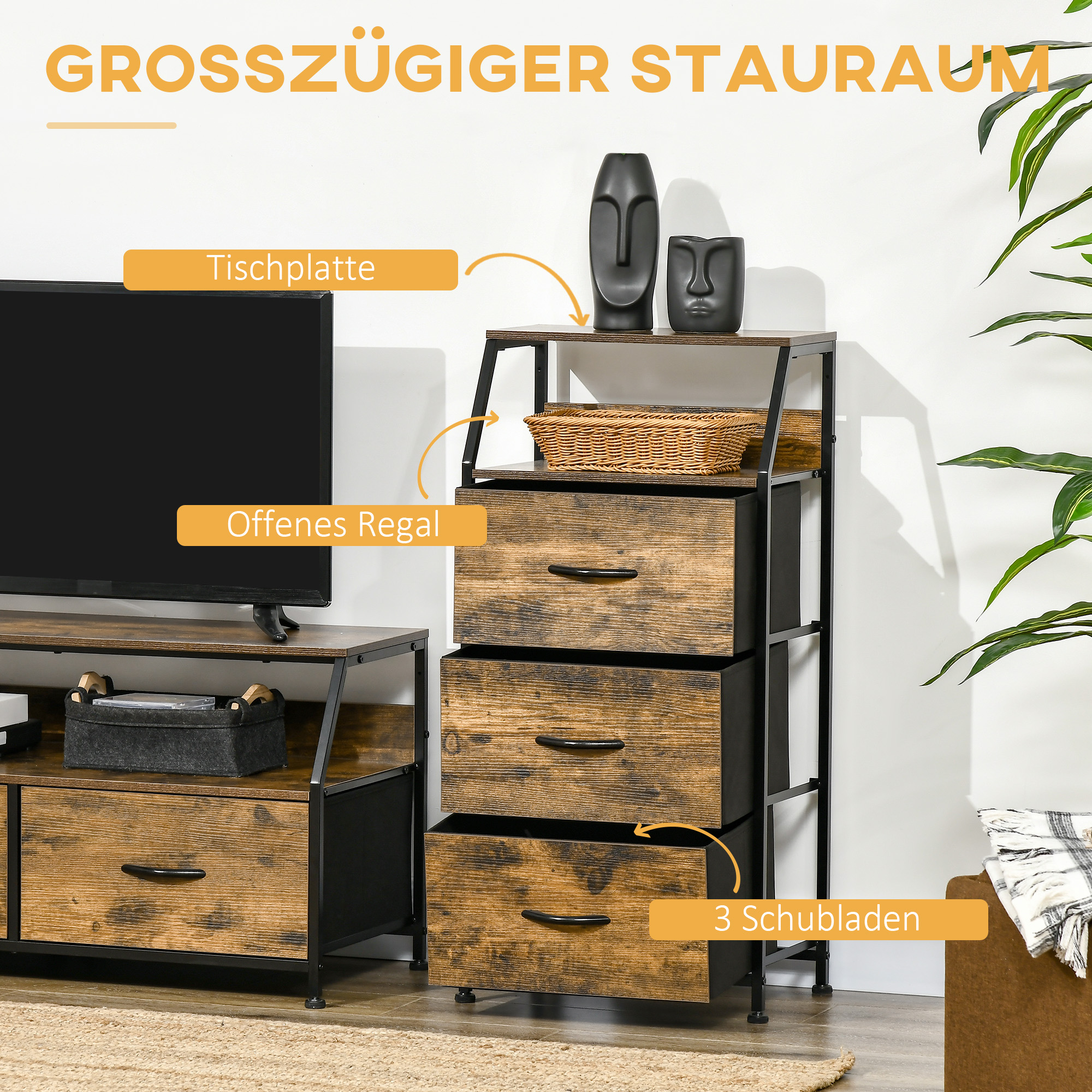 Aufbewahrungsschrank, Stoffschubladen, MDF-Regale, Stahlrahmen, Braun