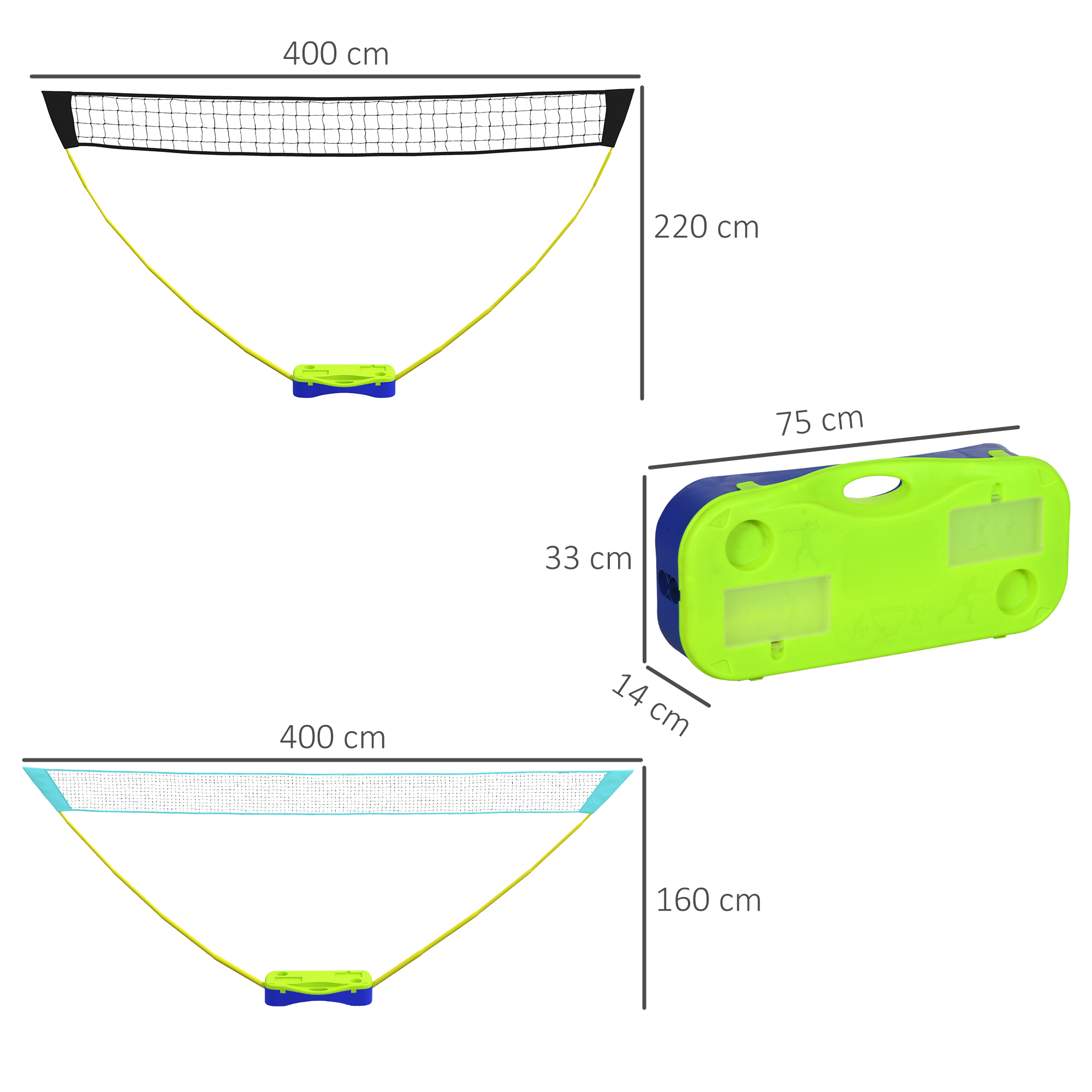Badminton-Netz-Set Volleyball-Netz-Set, 3-teiliges Set, 400 cm x 22,4 cm x 155 cm, Schwarz + Blau + Grün