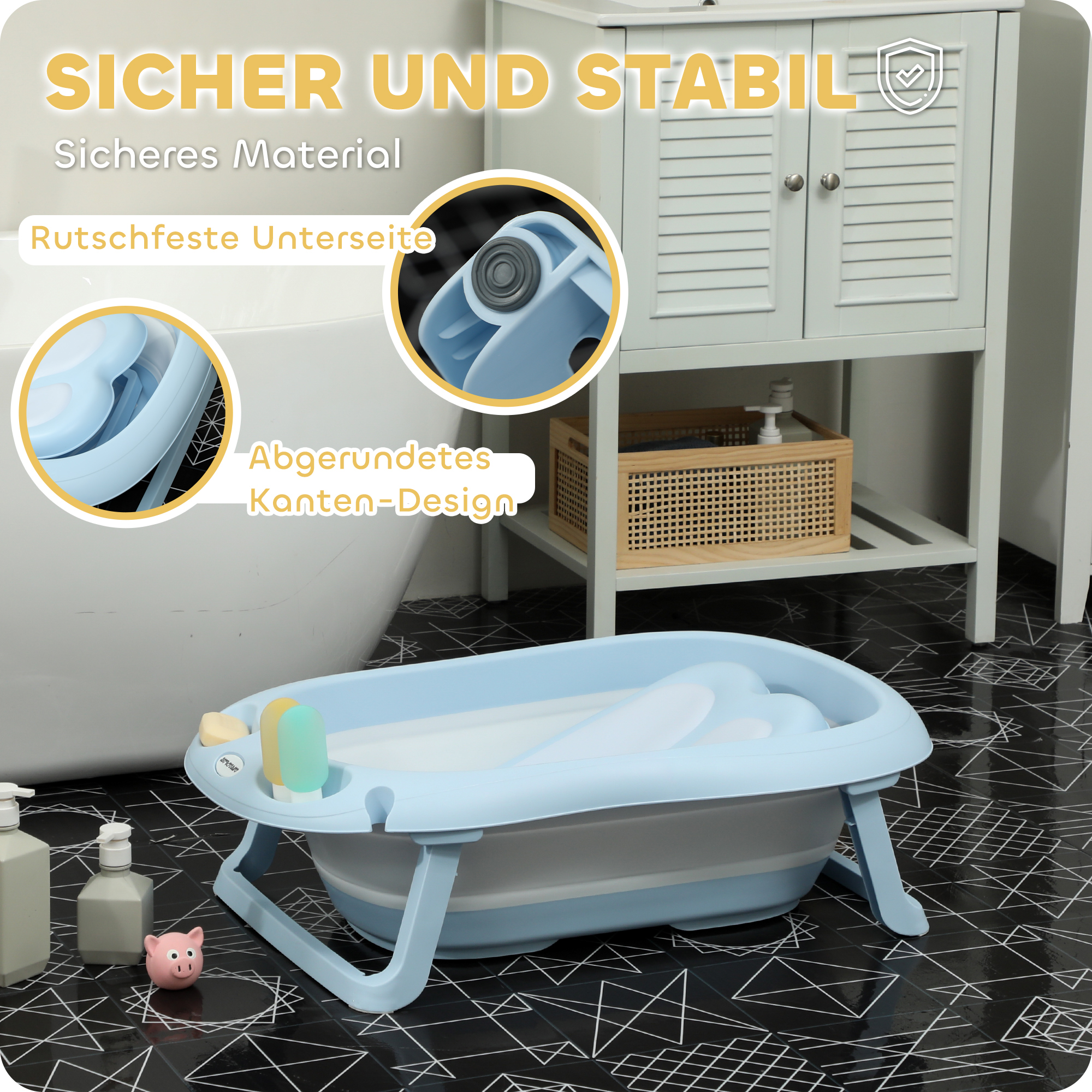 Babybadewanne, faltbar, rutschfester Boden, sichere Materialien, 83L x 48B x 23,5H cm, Hellblau