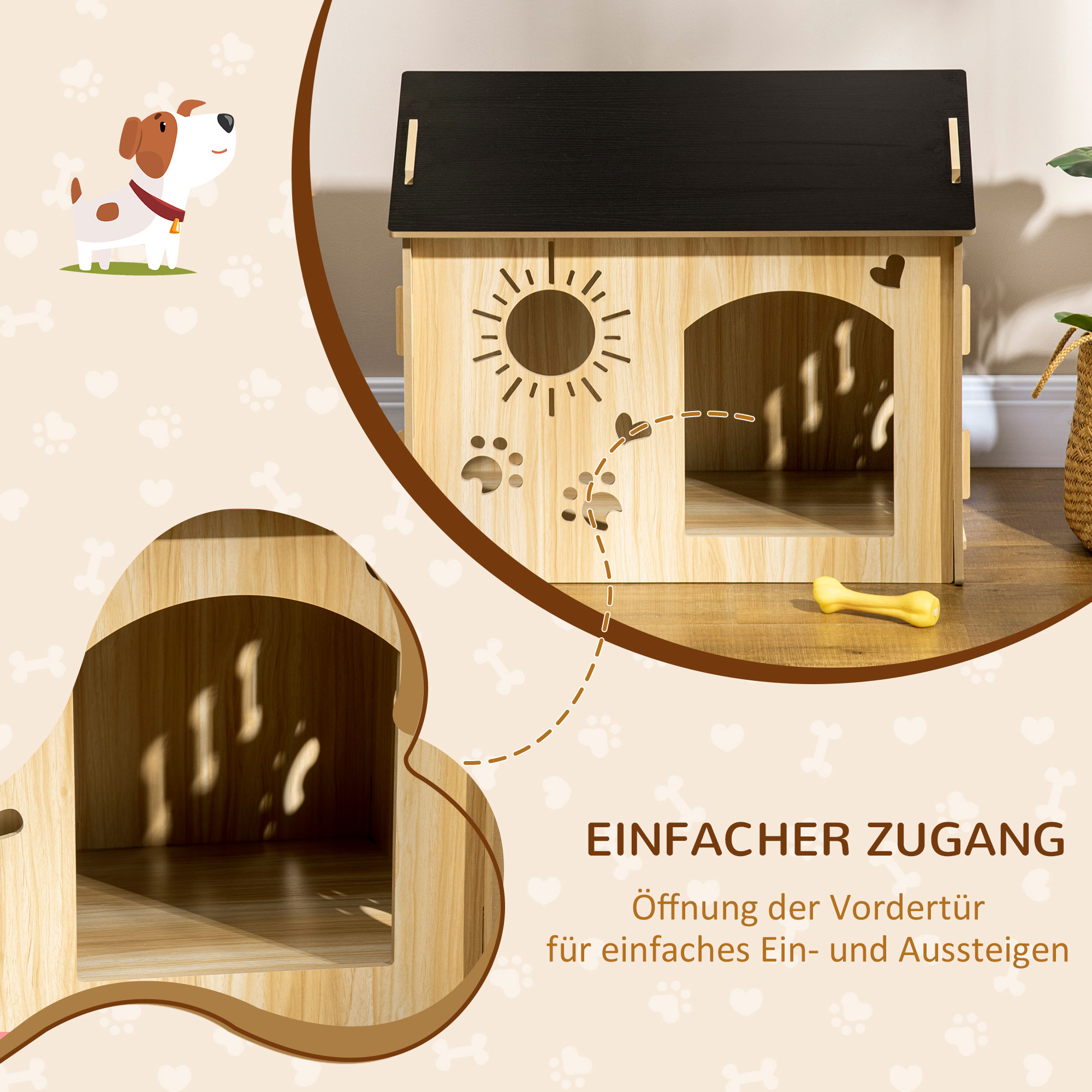 Hundehütte, mit Lüftungsöffnungen, wetterfest, Holzmaterial, Schwarz+Holzfarbe, 69 x 50 x 58,5 cm