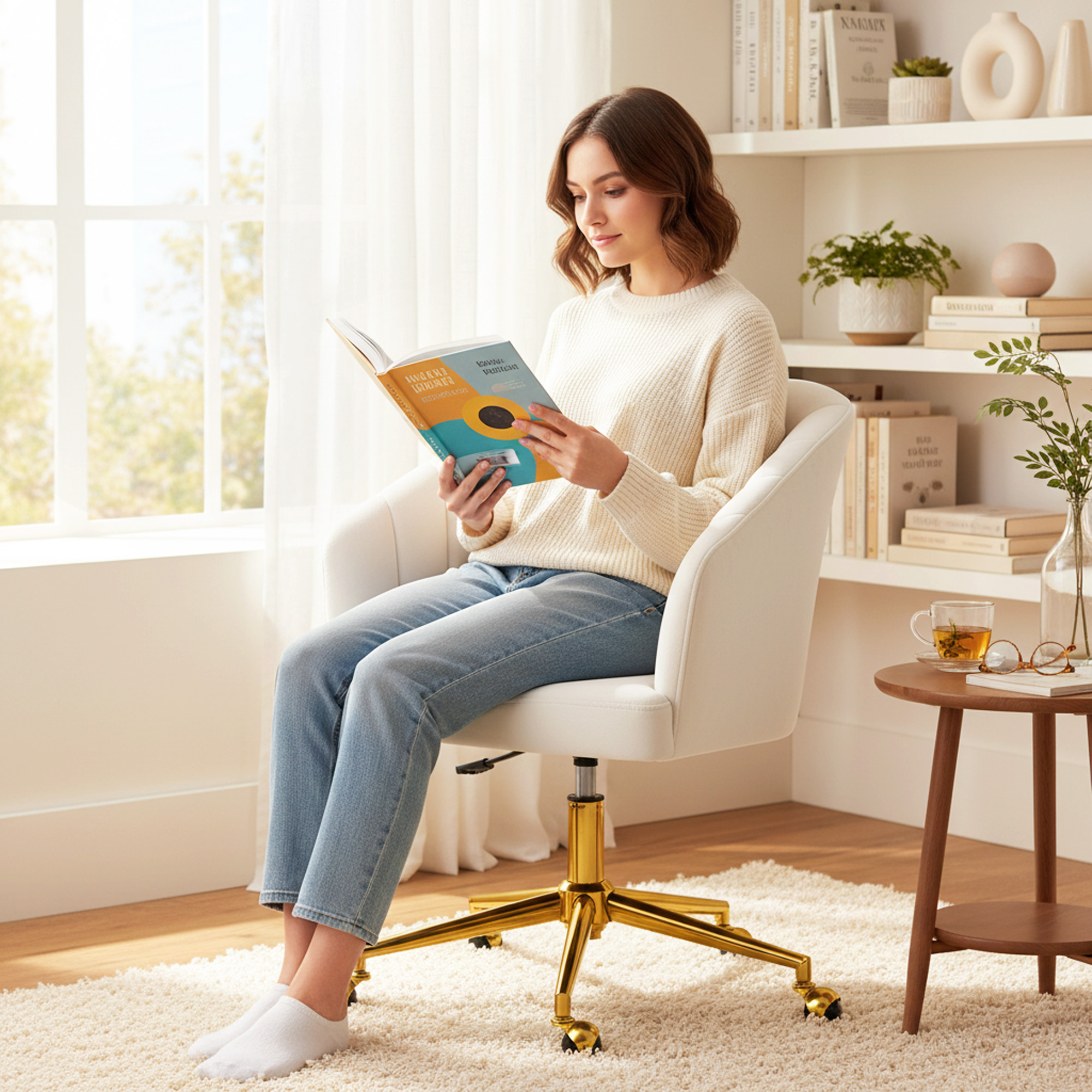 Bürostuhl in Samtoptik, Schaumstofffüllung, höhenverstellbar, rollbar, Stahlbasis, Cremeweiß