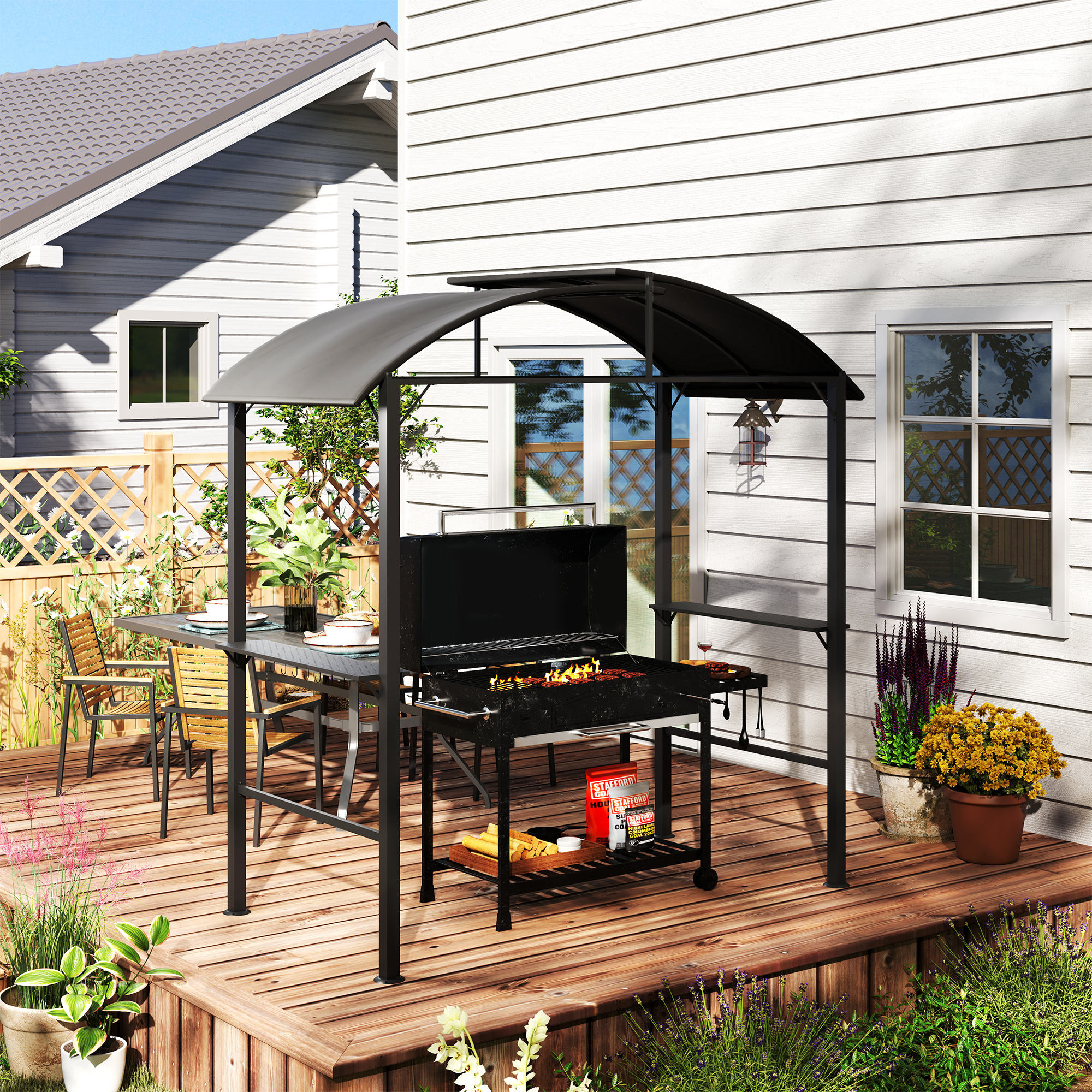 Grillpavillon, 2 Seitenablagen, Haken, Stahlrahmen, 1,1 x 2,3m, Dunkelgrau